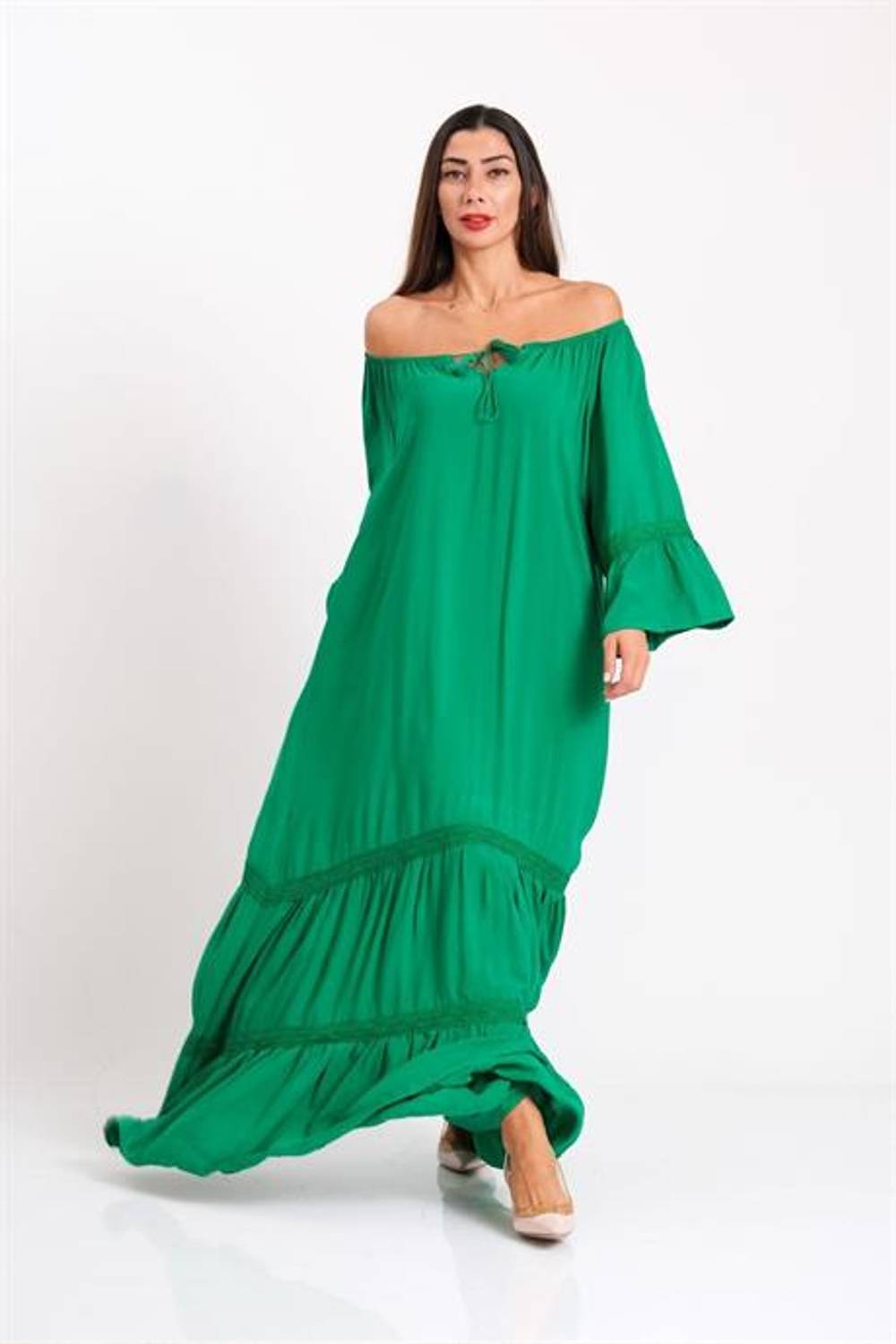 Markano Yeşil Carmen Yaka Fırfırlı Kol Etekleri Fistolu Oversize Uzun Elbise