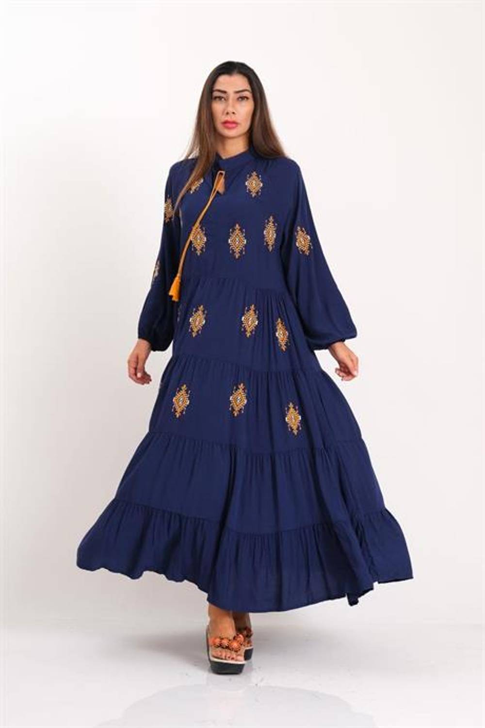 Markano Lacivert Önü ve Kolları Otantik Nakışlı Eteği Kat Kat Uzun Elbise