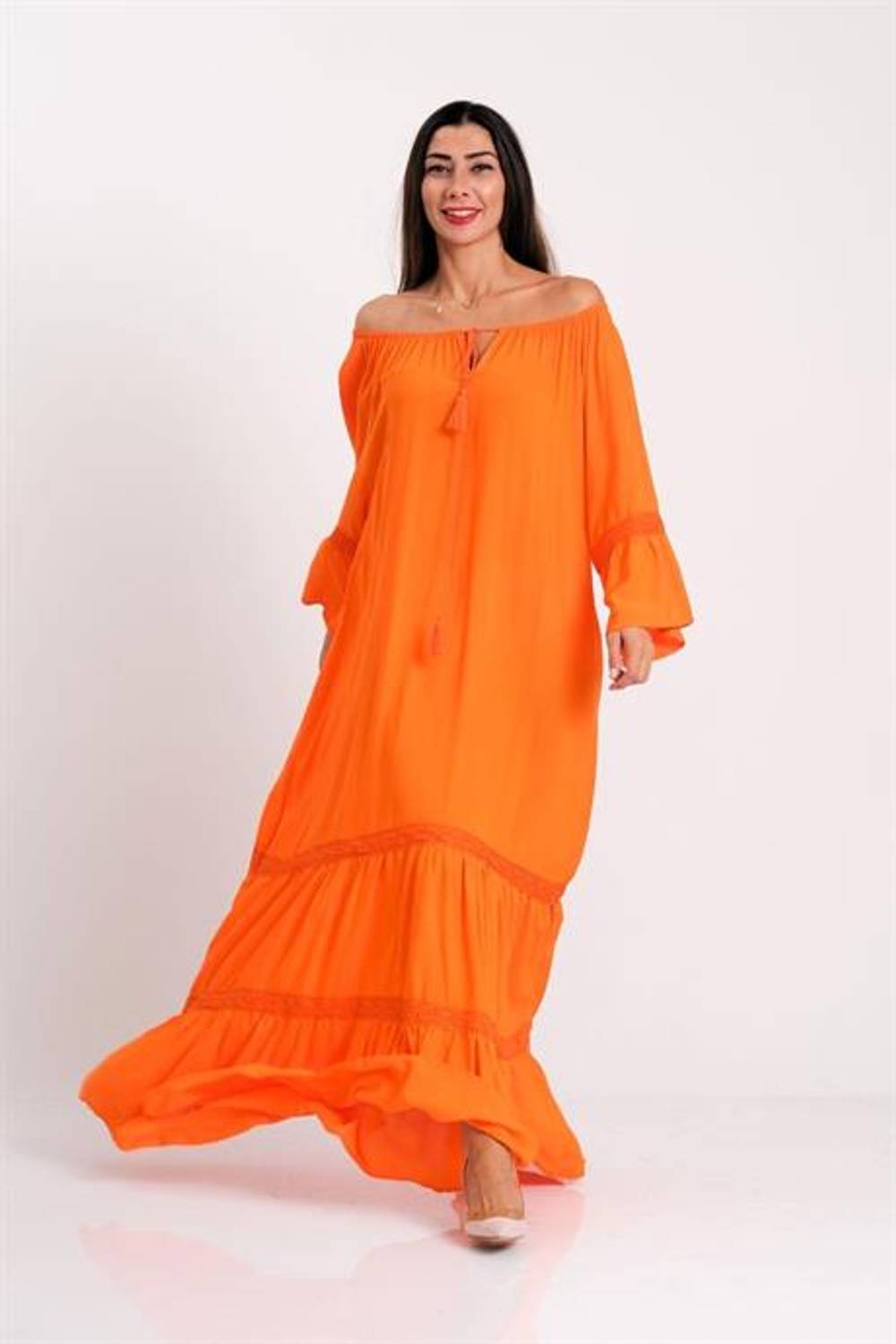 Markano Turuncu Carmen Yaka Fırfırlı Kol Etekleri Fistolu Oversize Uzun Elbise
