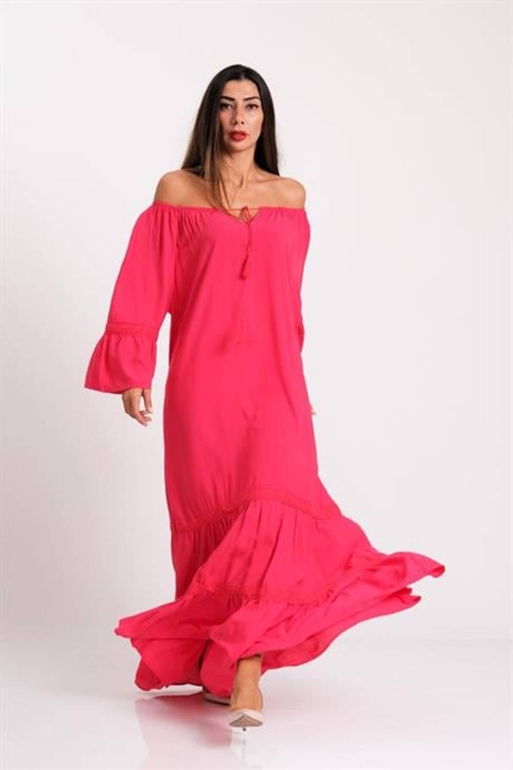 Markano Pembe Carmen Yaka Fırfırlı Kol Etekleri Fistolu Oversize Uzun Elbise