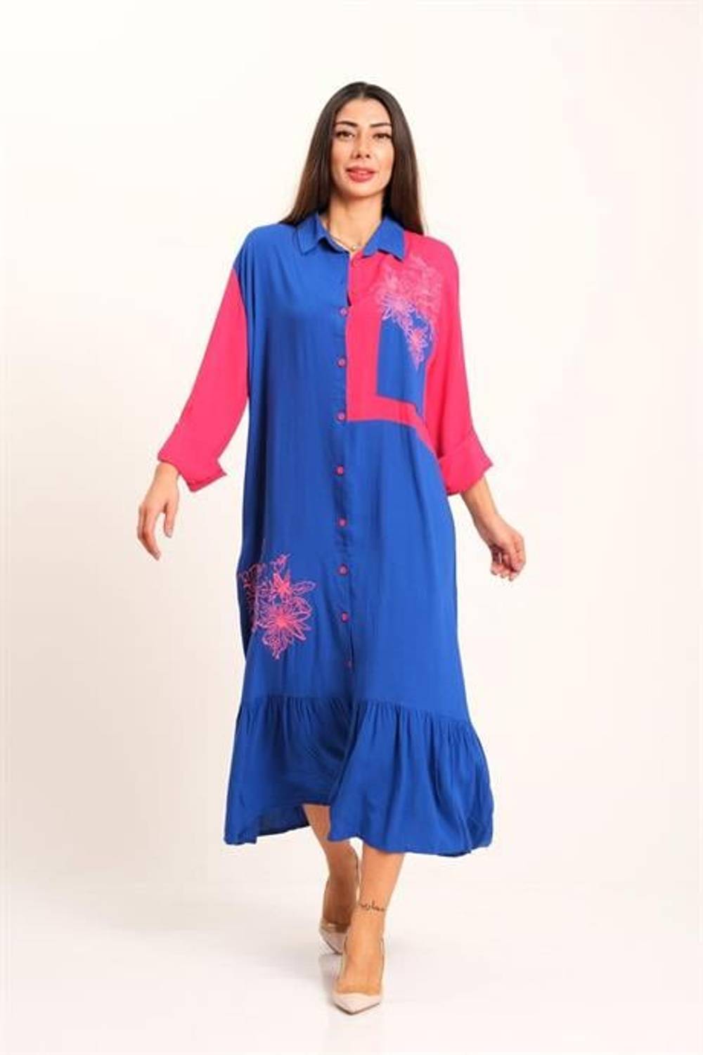 Markano Saks Mavi Pembe Garnili Önü ve Eteği Nakışlı Kolu Apoletli Uzun Gömlek Elbise