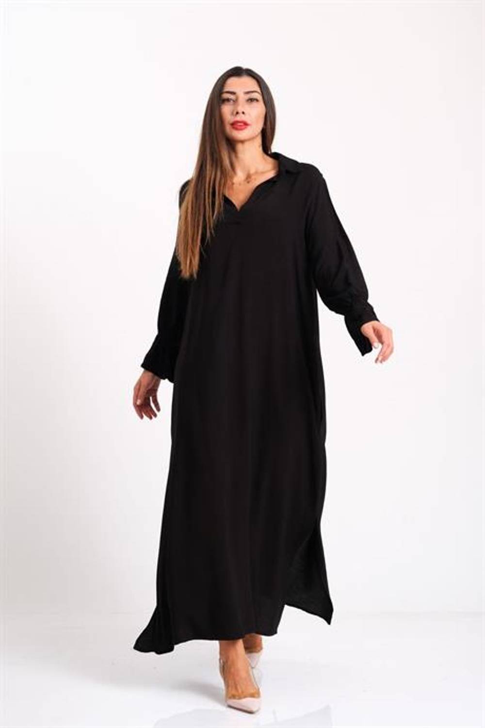 Markano Siyah V Yaka Kolları Fırfırlı Cepli Uzun Elbise