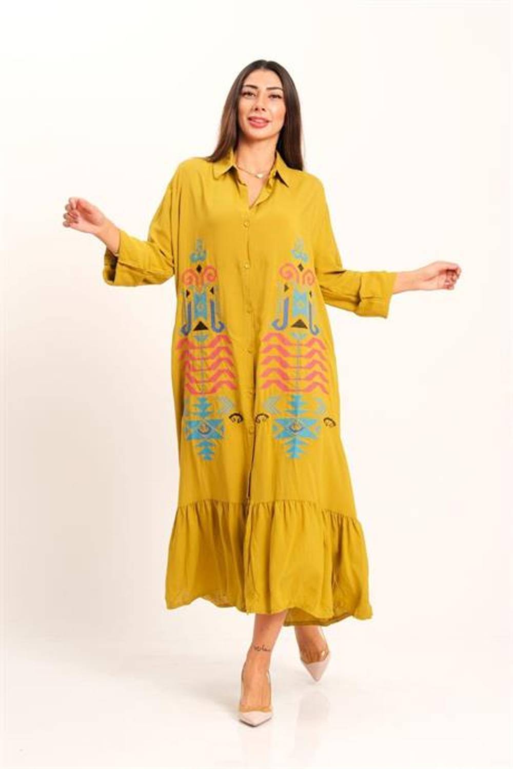 Markano Hardal Rengi Otantik Nakışlı Kolu Apoletli Eteği Fırfırlı Uzun Gömlek Elbise