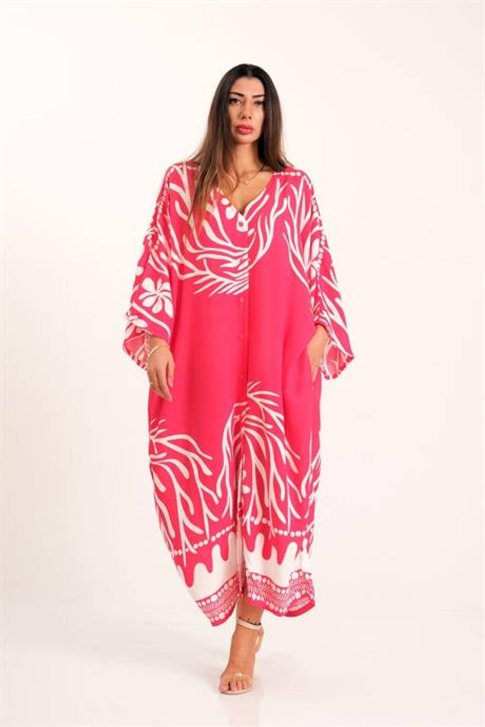 Markano Fuşya Desenli V Yaka Yarasa Kol Cepli Oversize Uzun Gömlek Elbise