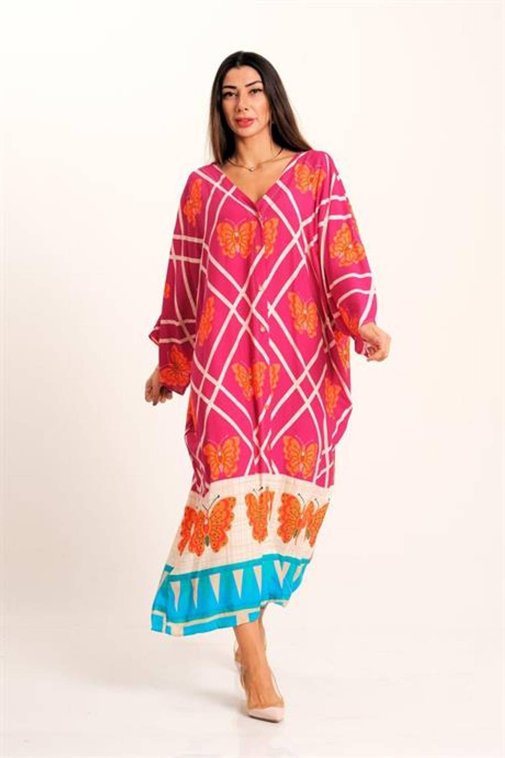 Markano Fuşya Kelebek Desenli V Yaka Yarasa Kol Cepli Oversize Uzun Gömlek Elbise