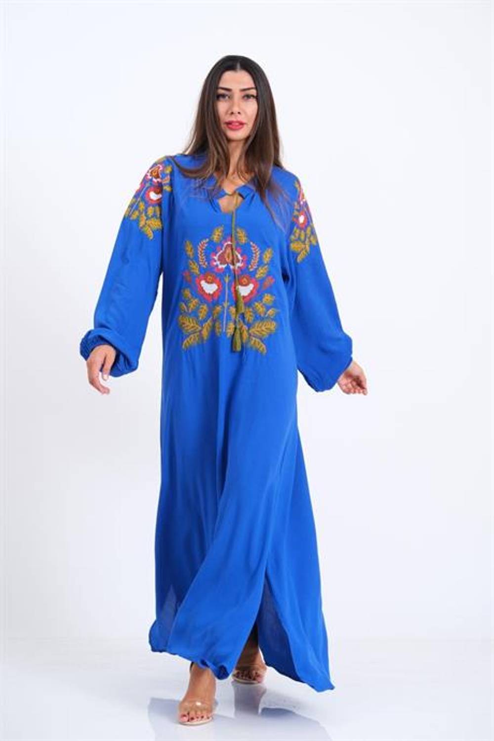 Длинное платье с вышивкой и кисточками на рукавах и передней части, цвет синий, Sizes: 40, 42, 44, 46