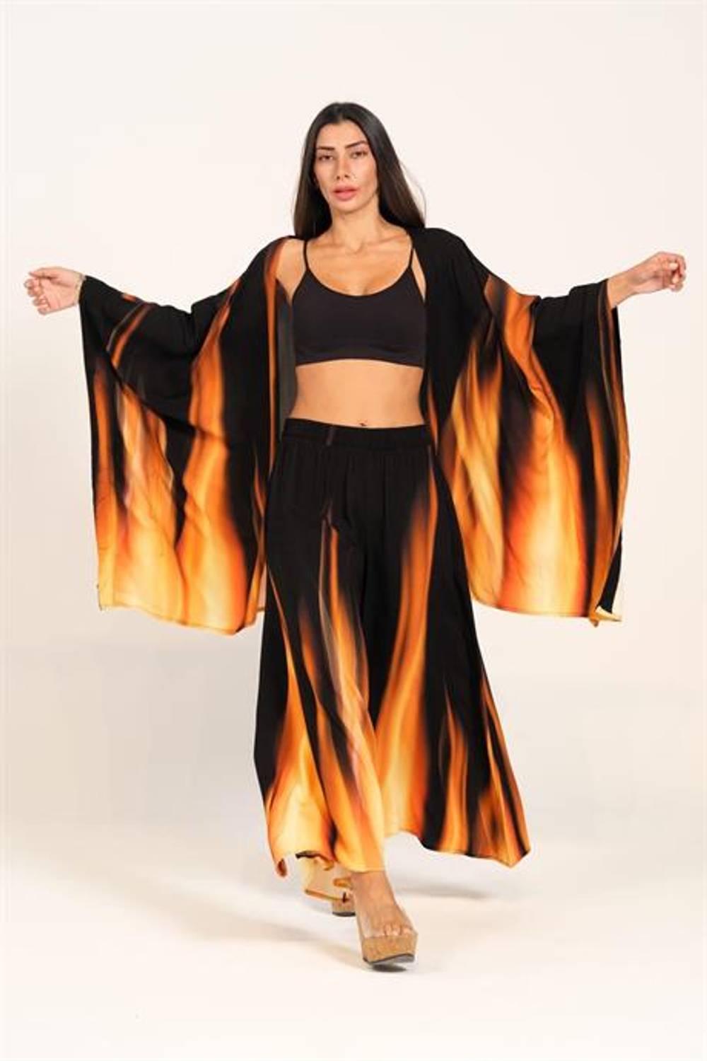 Markano Turuncu Siyah Alev Desenli Tunik Pantolon İkili Takım