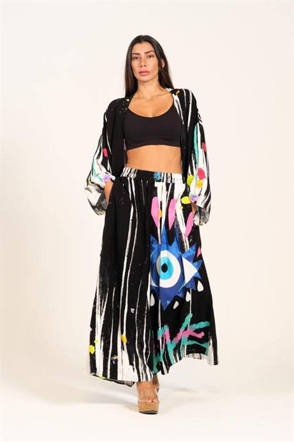 Комплект з чорної блузки з візерунком очей і широких брюків, об'єми 36-44