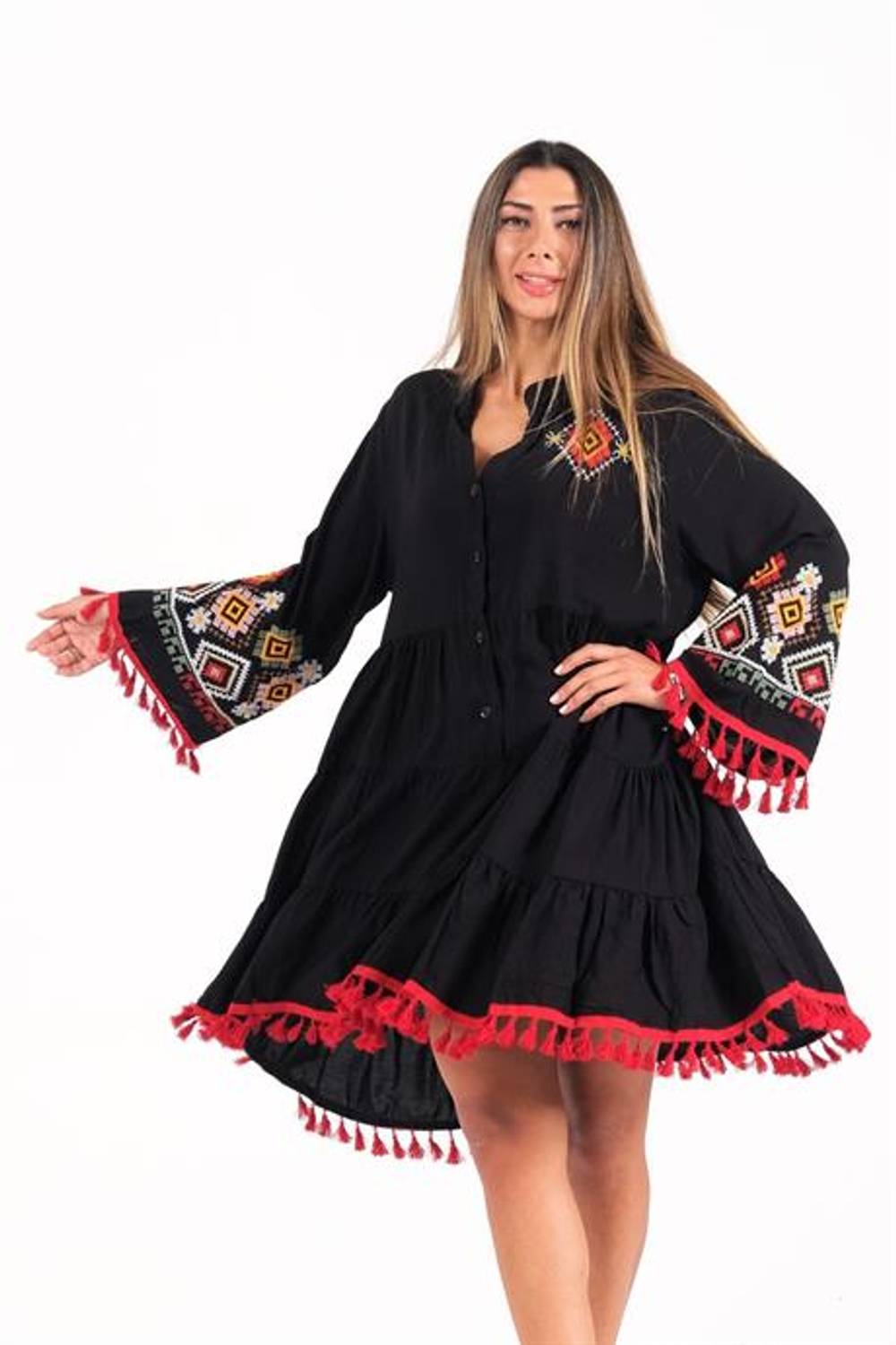 Короткое платье Markano с V-образным вырезом, испанскими рукавами и вышивкой, черного цвета, размеры 36-44