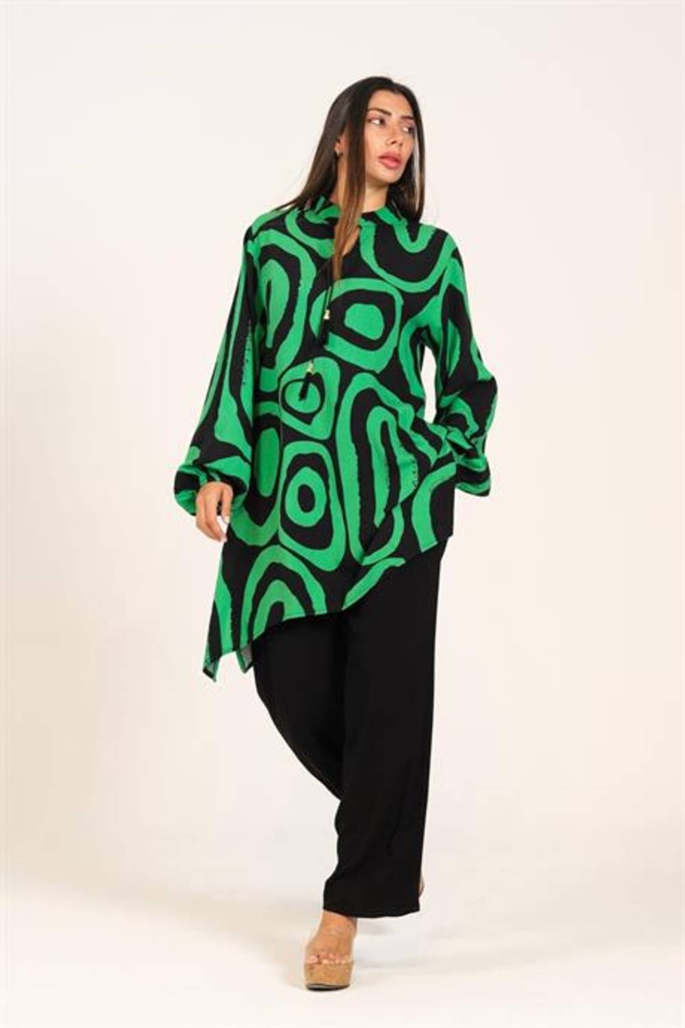 Markano Yeşil Siyah Desenli Balon Kol Püskül Bağcıklı Cepli Tunik Pantolon İkili Takım