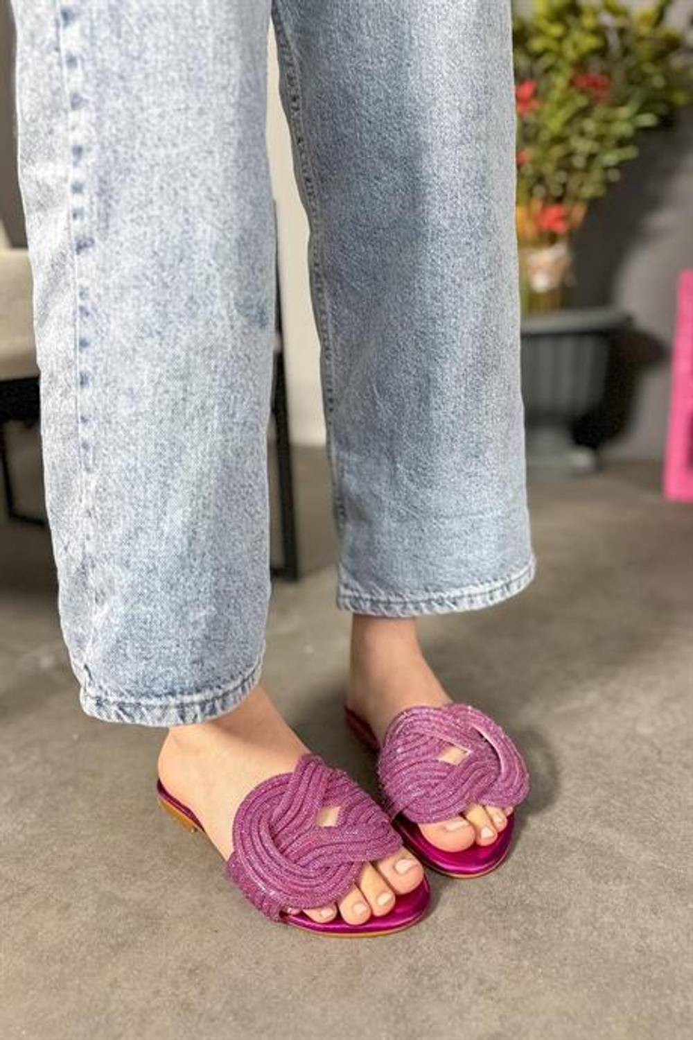 Markano Fair Fuşya Düğüm Taş Detaylı Kadın Terlik