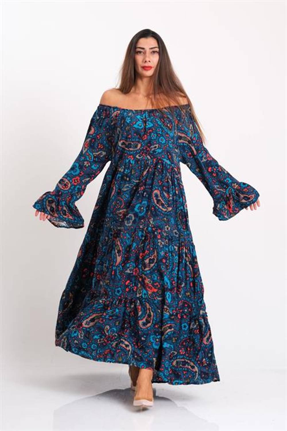 Markano Mavi Carmen Yaka Şal Desen Fırfırlı Kol Etekleri Kat Kat Uzun Elbise