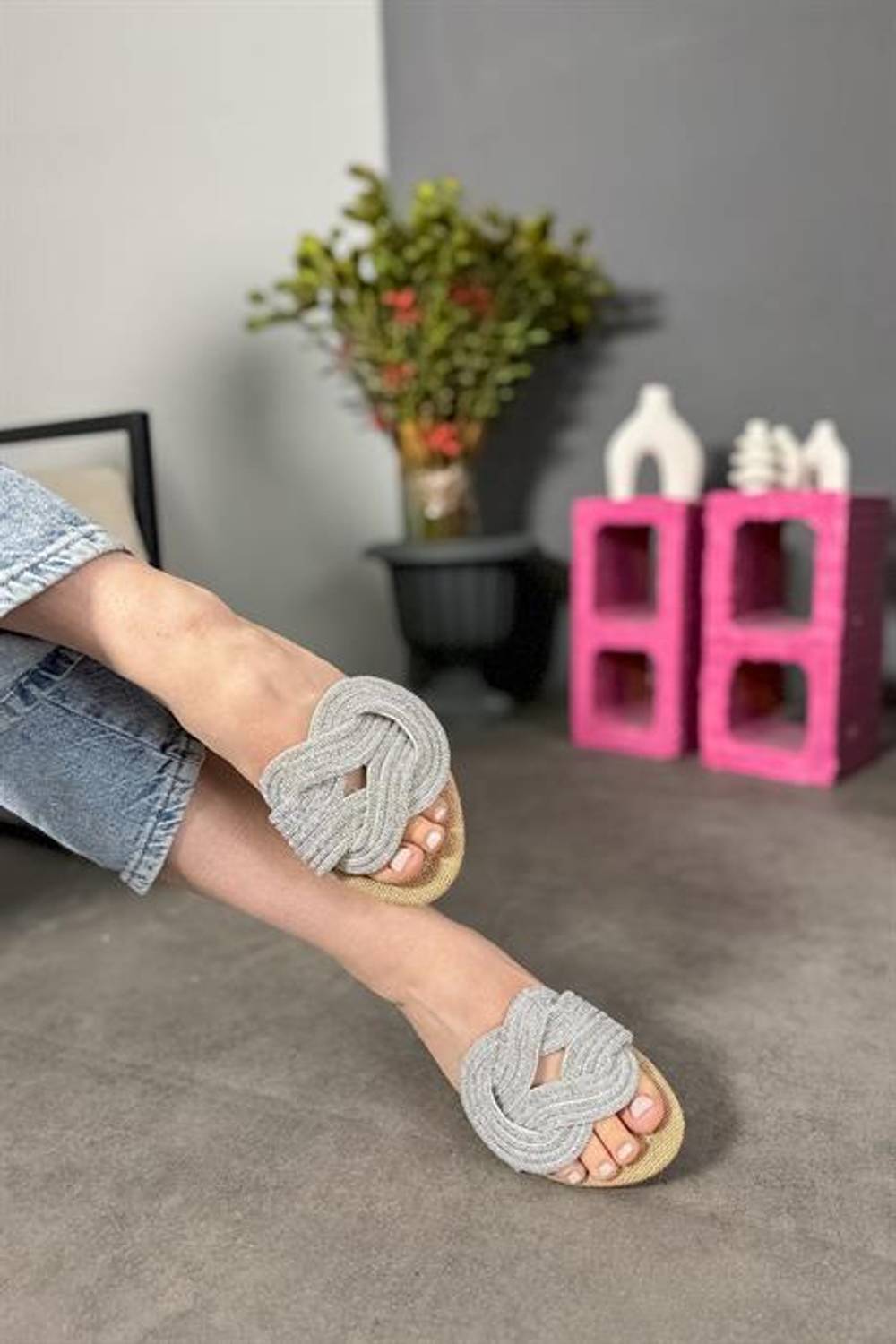 Markano Fair Hasır Düğüm Taş Detaylı Kadın Terlik