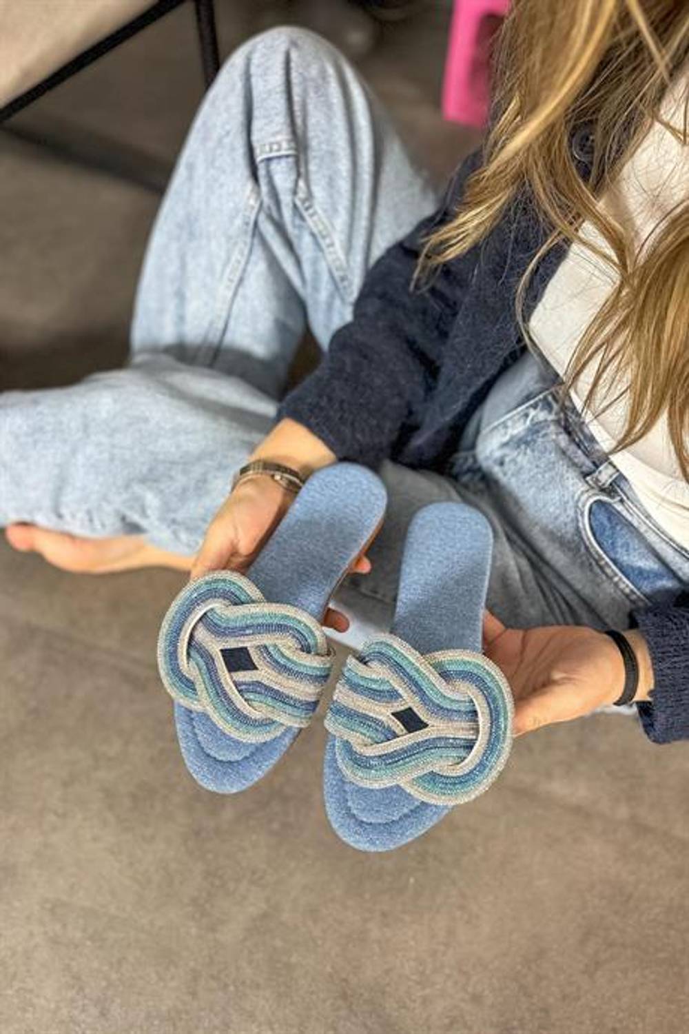 Markano Fair Mavi Düğüm Taş Detaylı Kadın Terlik