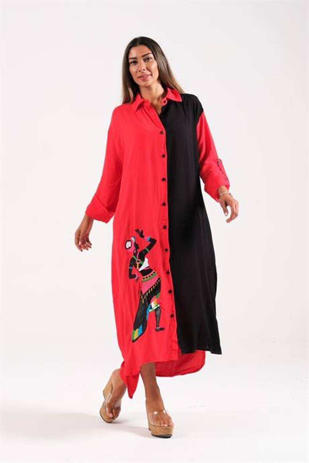 Markano Kırmızı Siyah Garnili Eteği Kadın Figürü Nakışlı Uzun Gömlek Elbise