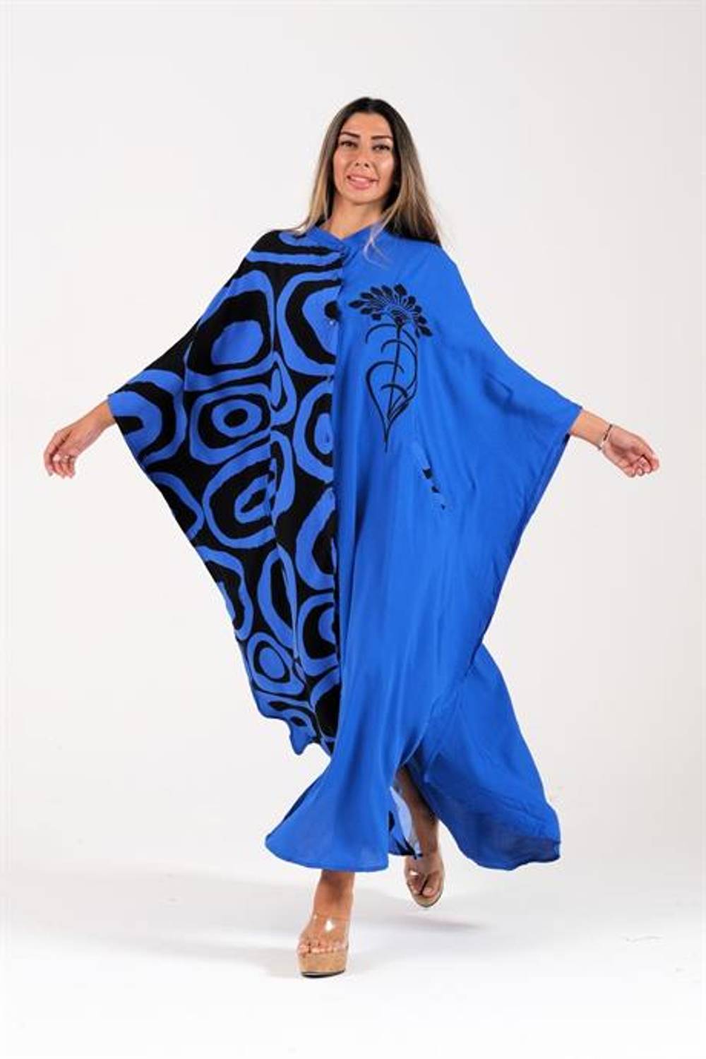 Markano Saks Mavi Sıfır Yaka Desen Garnili Nakışlı Cepli Oversize Uzun Elbise