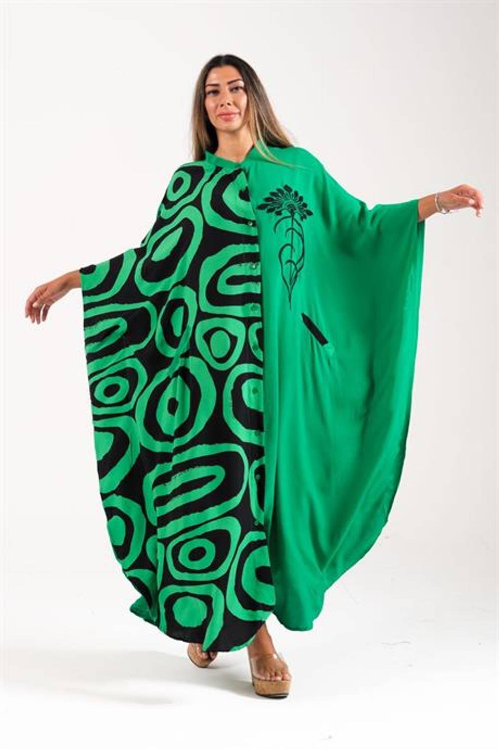 Markano Yeşil Sıfır Yaka Desen Garnili Nakışlı Cepli Oversize Uzun Elbise