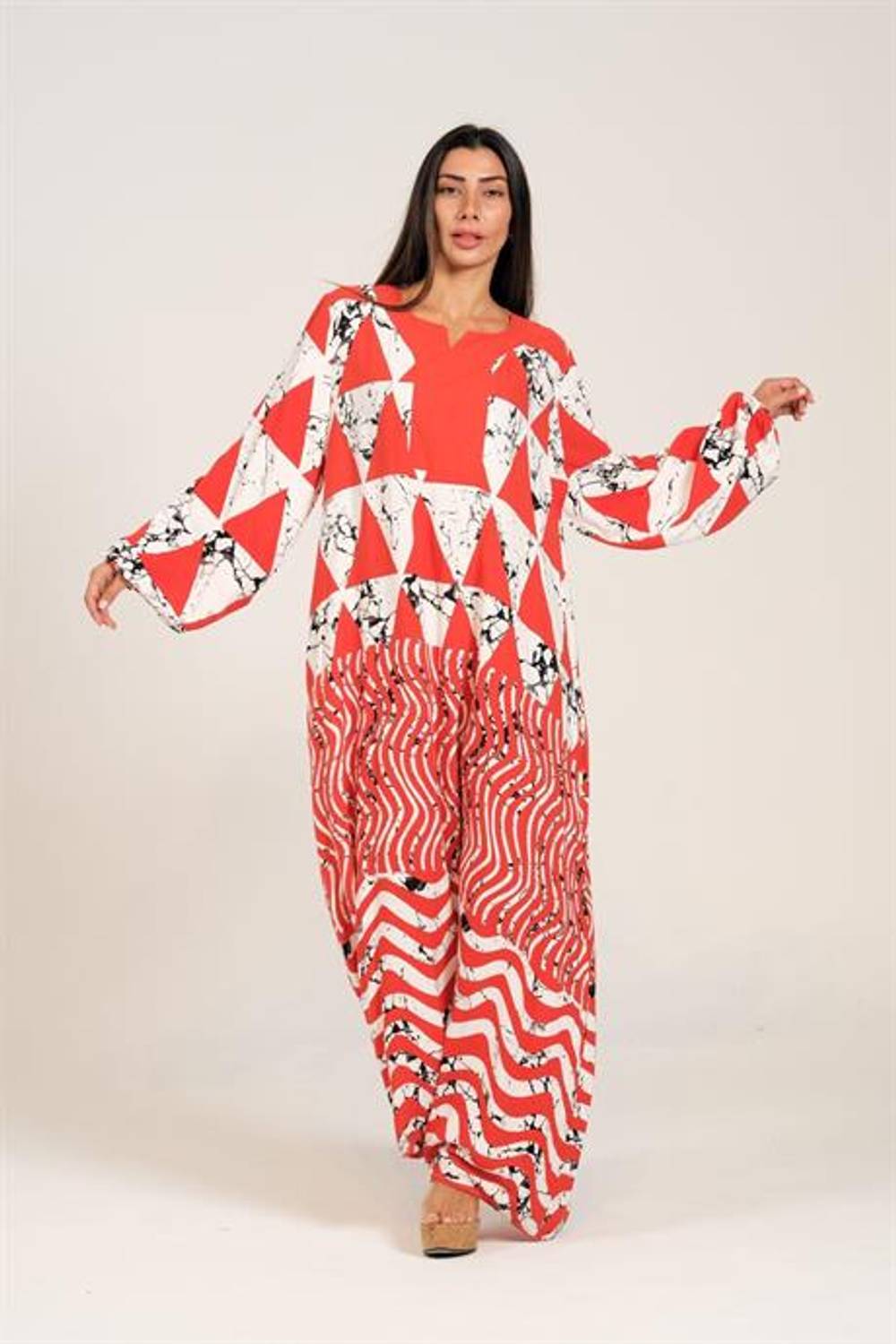 Markano Kiremit Rengi Kayık Yaka Balon Kollu Desenli Uzun Elbise