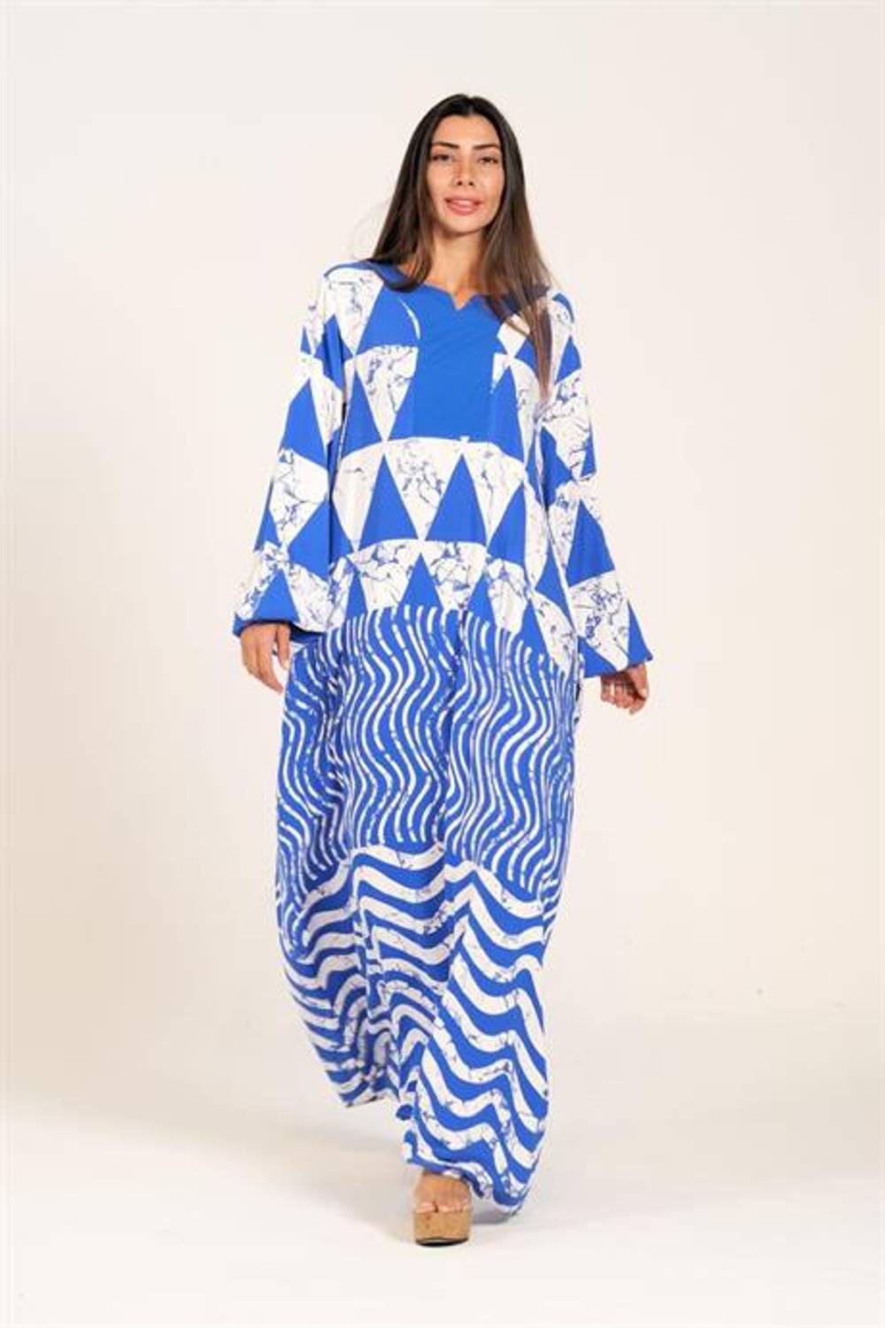 Markano Mavi Kayık Yaka Balon Kollu Desenli Uzun Elbise