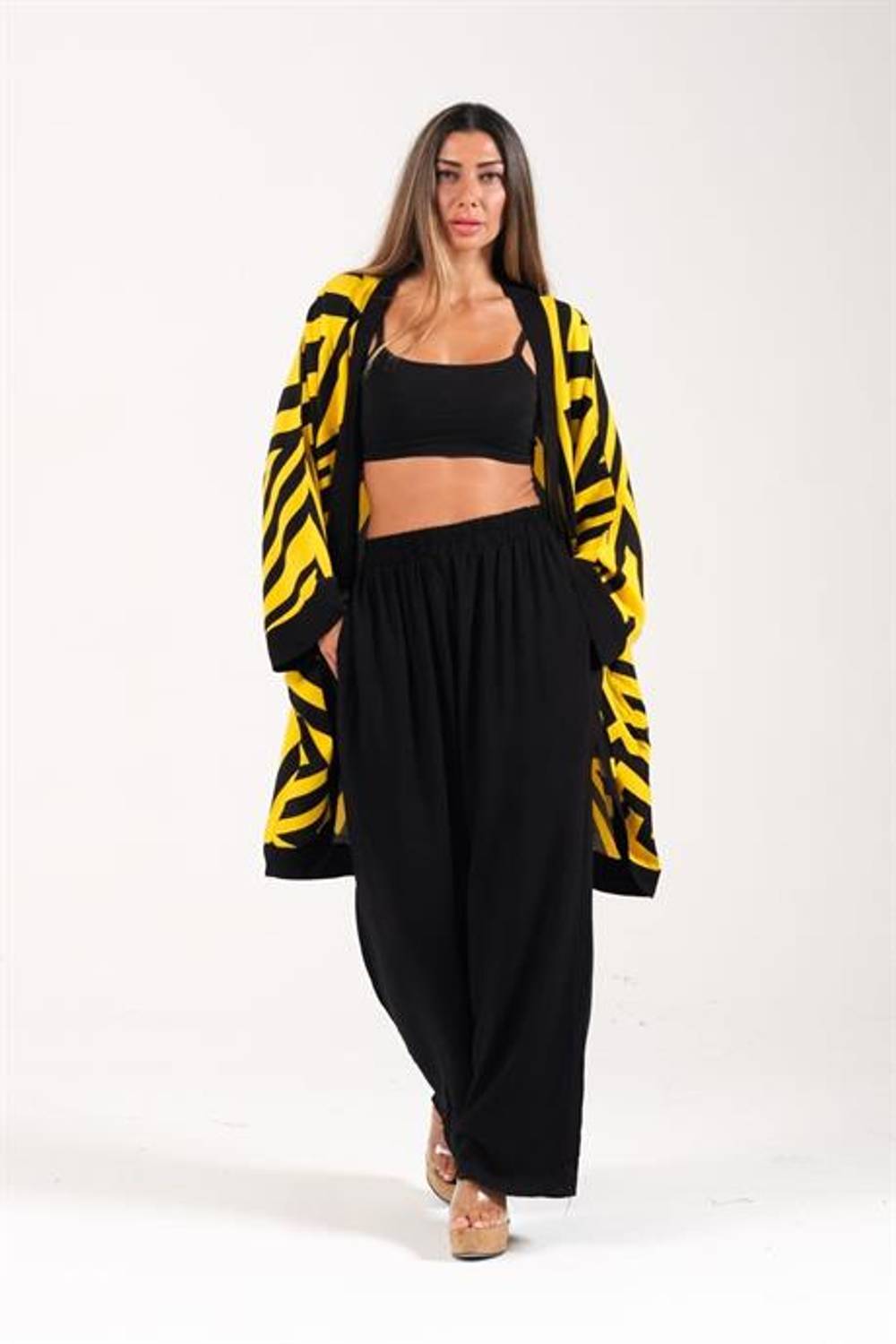 Markano  Sarı Siyah Desenli Cepli Gömlek Pantolon İkili Takım