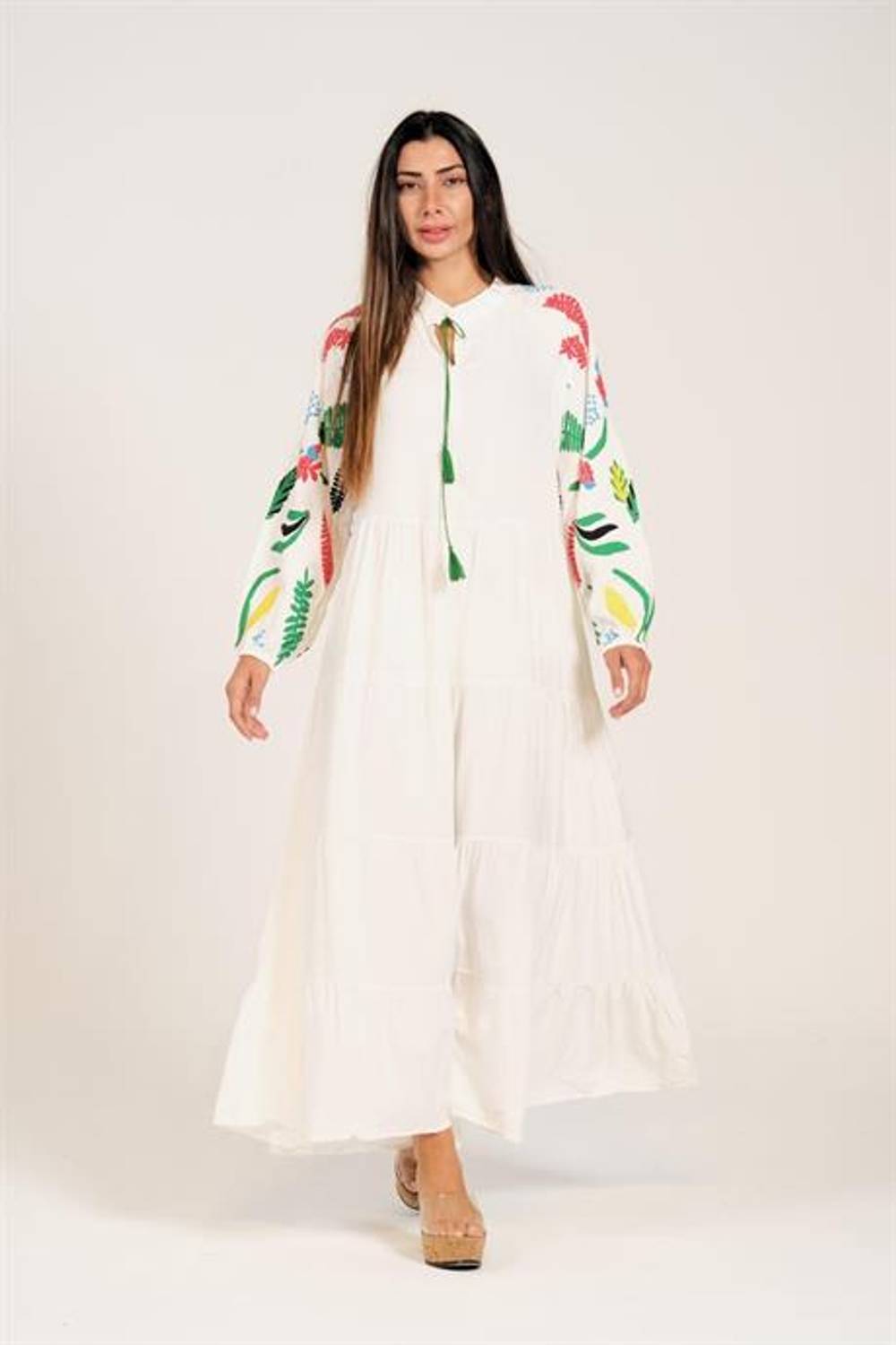 Markano Beyaz Sıfır Yaka Kolları Çiçek Baskılı Eteği Kat Kat Uzun Elbise