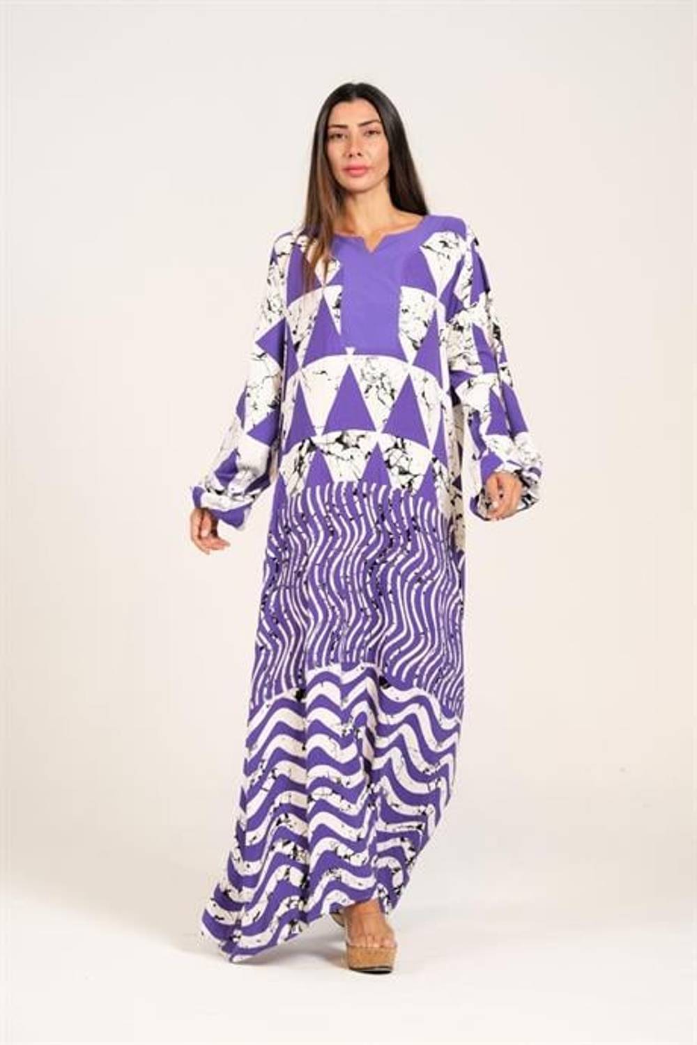 Markano Mor Kayık Yaka Balon Kollu Desenli Uzun Elbise