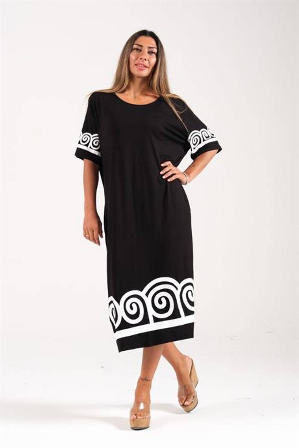 Markano  Siyah Desenli Kısa Kollu Cepli Uzun Elbise