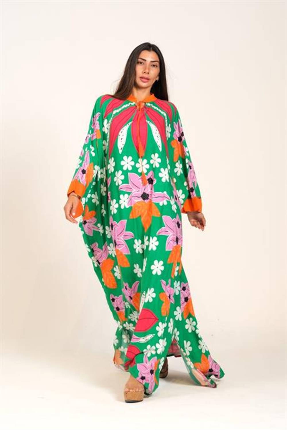 Markano Yeşil Çiçekli Sıfır Yaka Yarasa Kollu Oversize Uzun Elbise