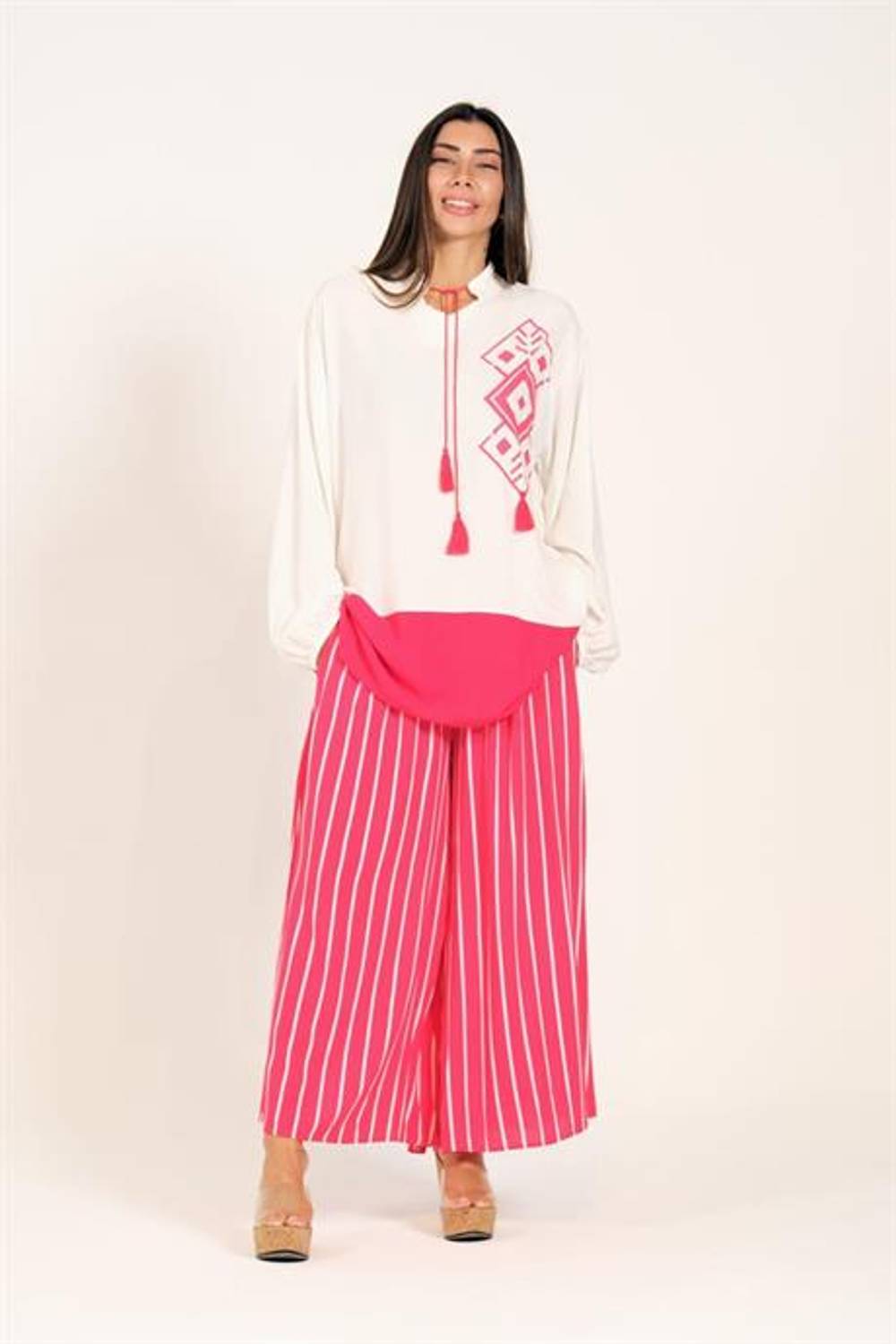 Markano Pembe Desenli Püsküllü Pantolonu Çizgili Cepli Tunik Pantolon İkili Takım