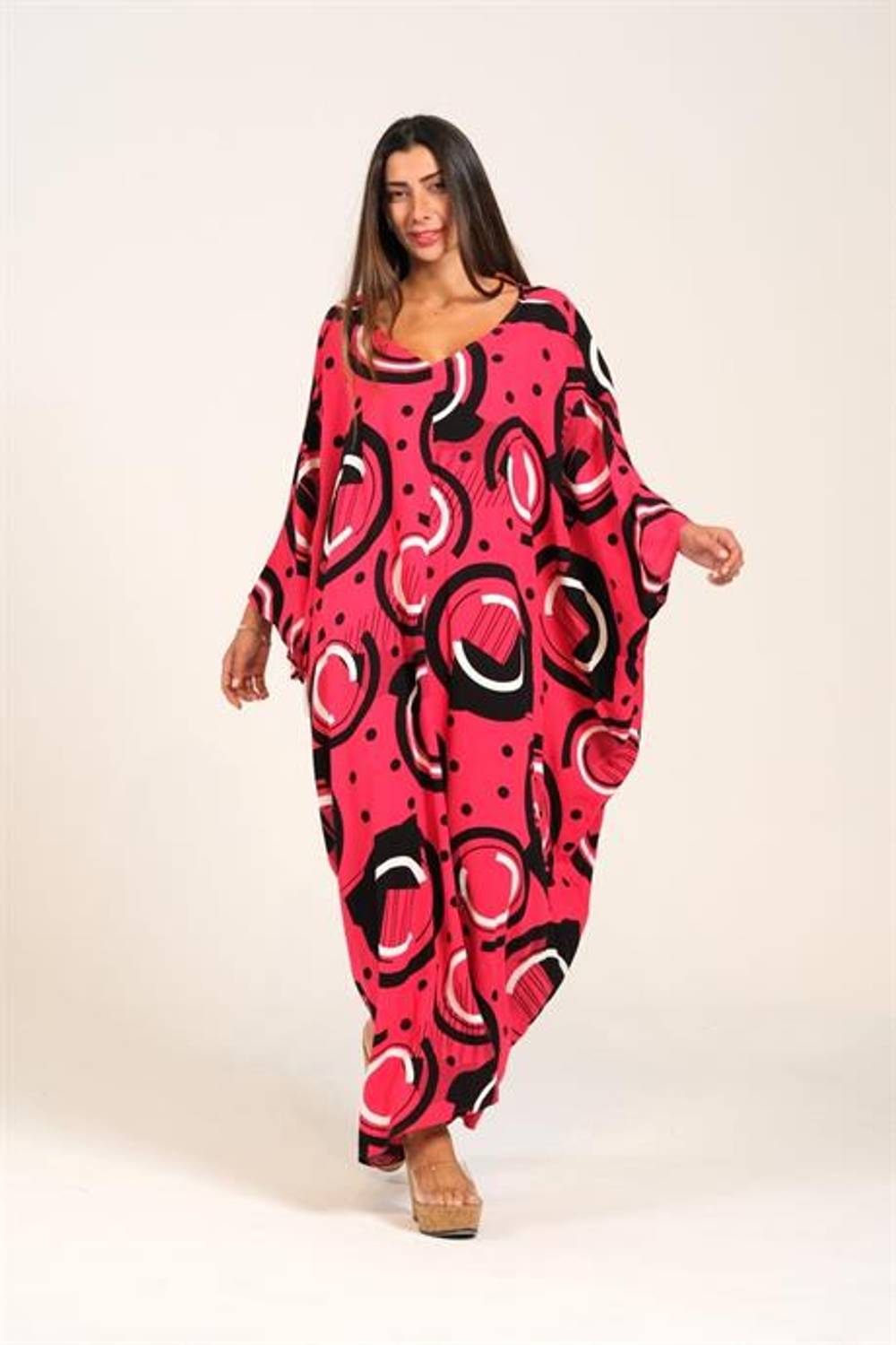 Markano Fuşya Desenli V Yaka Yarasa Kollu Sırt Detaylı Oversize Uzun Elbise