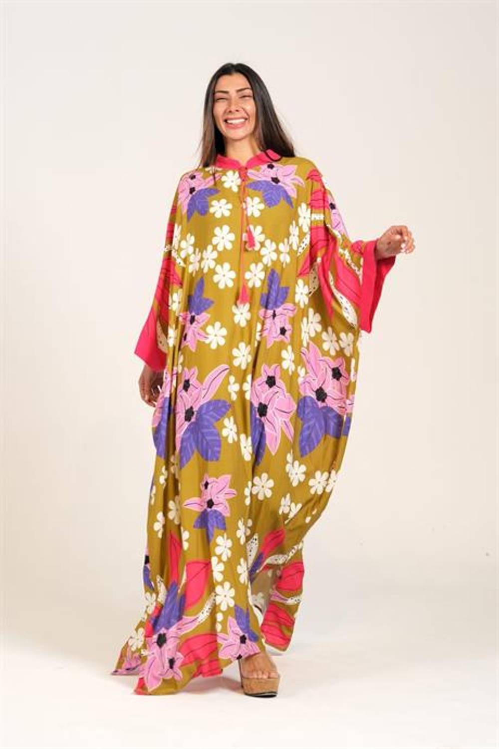 Markano Hardal Rengi Çiçekli Sıfır Yaka Yarasa Kollu Oversize Uzun Elbise