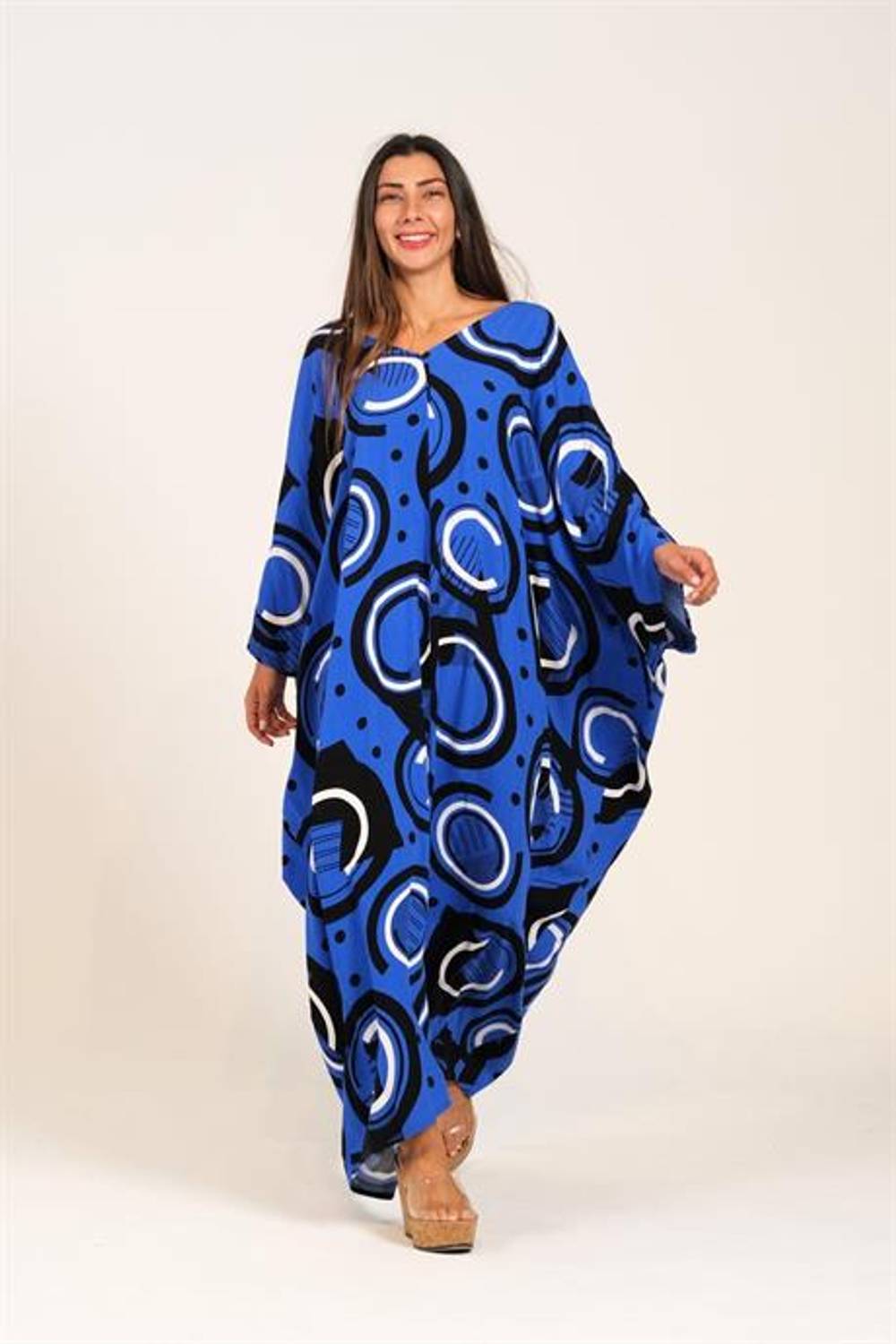 Синя сукня оверсайз з V-подібним вирізом та відкритою спиною, стандартний розмір, пишні рукави