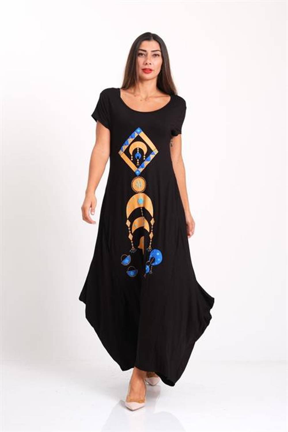 Markano Siyah Kısa Kollu Baskılı Asimetrik Uzun Elbise