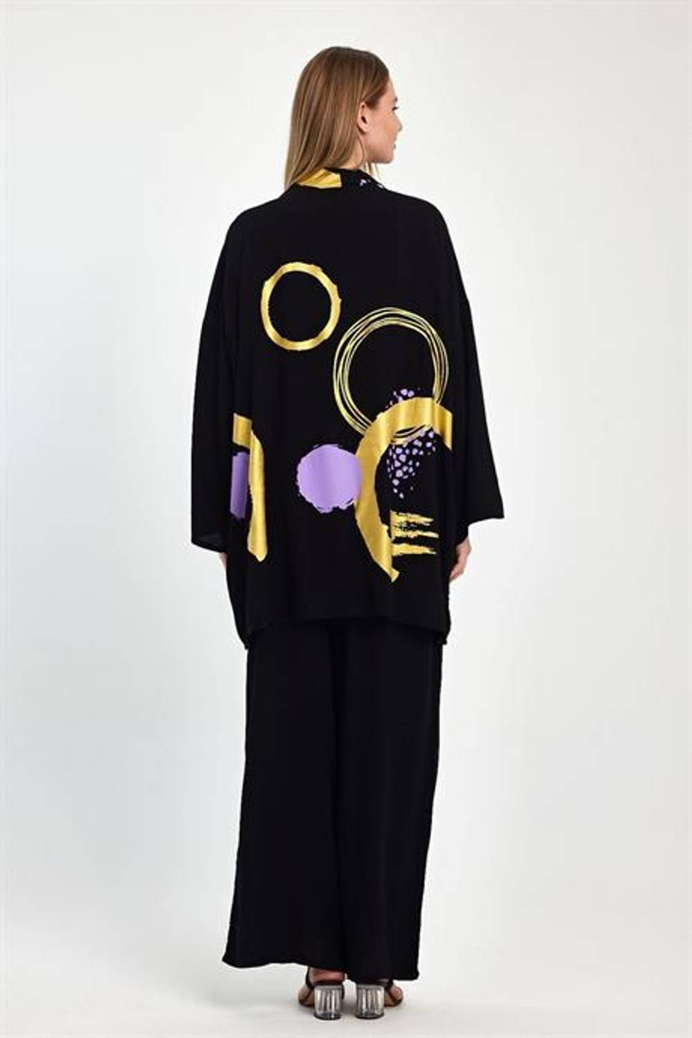 Markano Gold Siyah Sırtı ve Pantolonu Desenli Tunik Bluz Pantolon Üçlü Takım