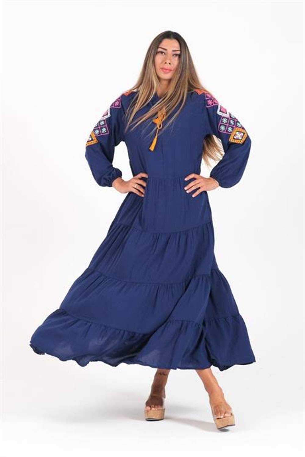 Markano Lacivert Sıfır Yaka Kolları Nakışlı Eteği Kat Kat Uzun Elbise