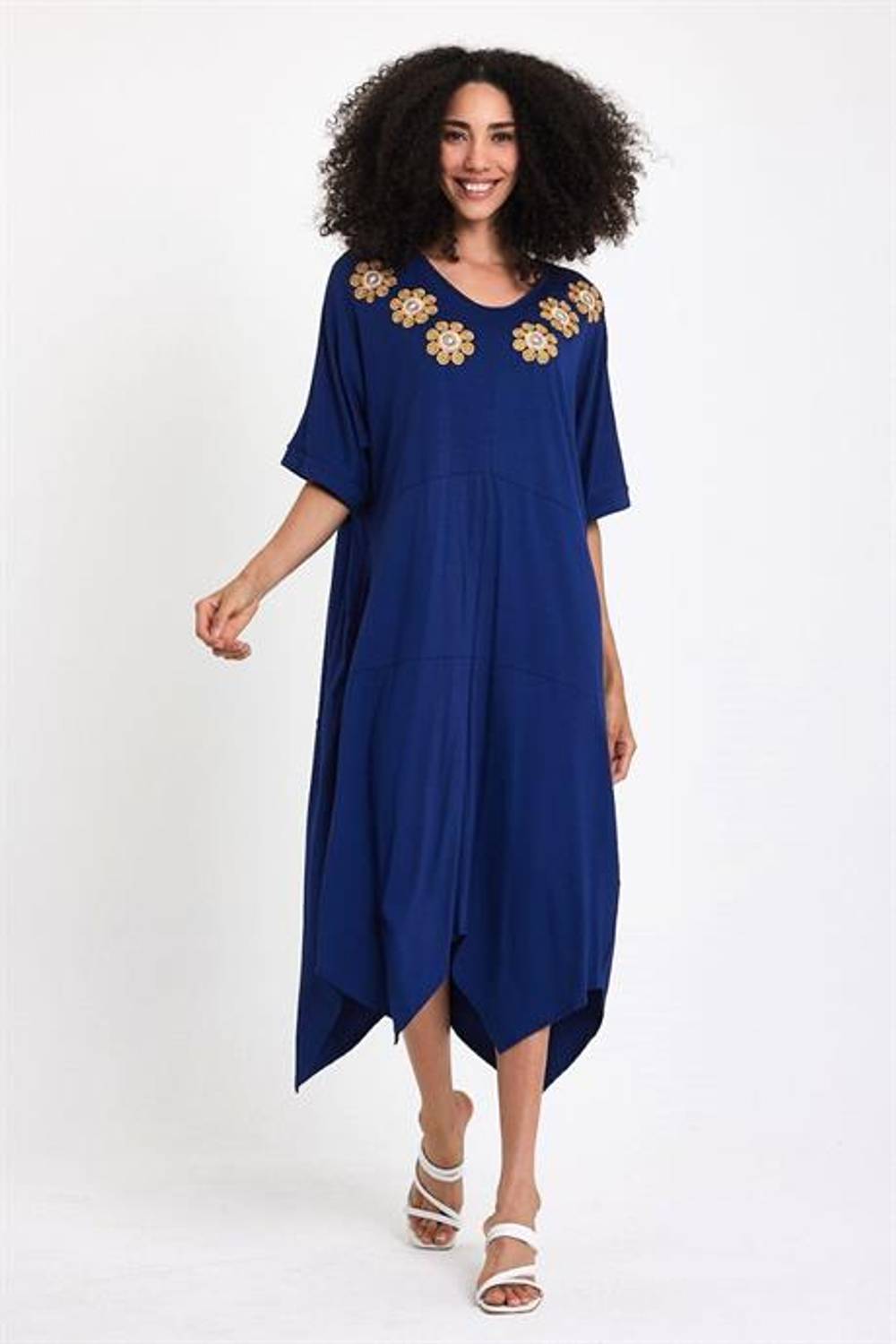 Markano Lacivert V Yaka Kısa Kollu Yakası Çiçek Nakışlı Cepli Asimetrik Midi Penye Elbise