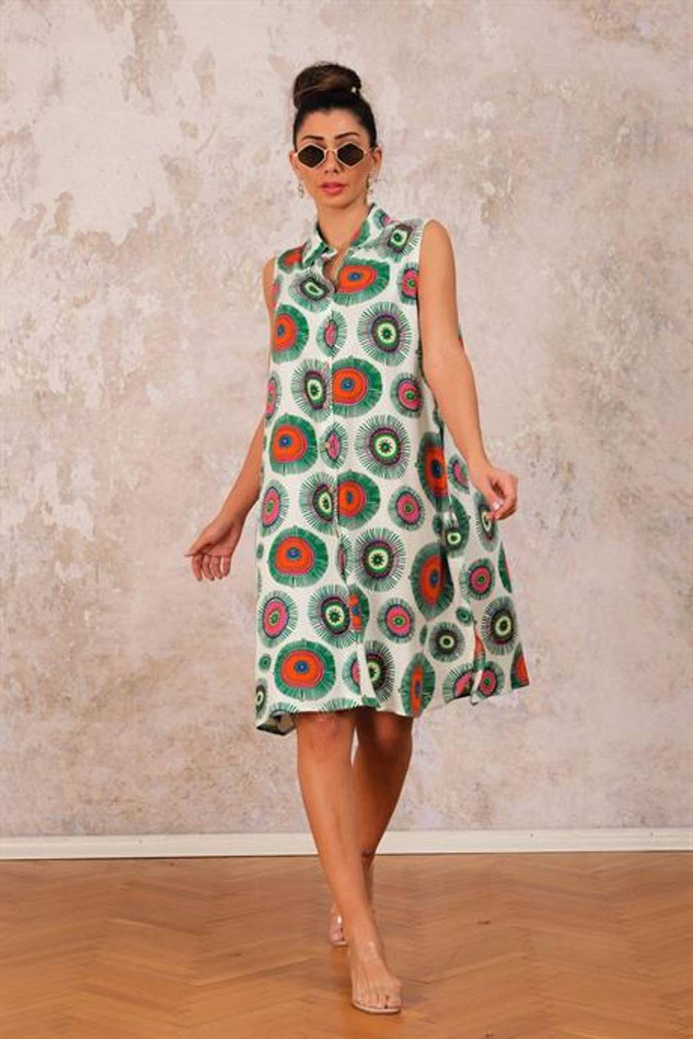 Markano Beyaz Etnik Desenli Kolsuz Kısa Gömlek Elbise