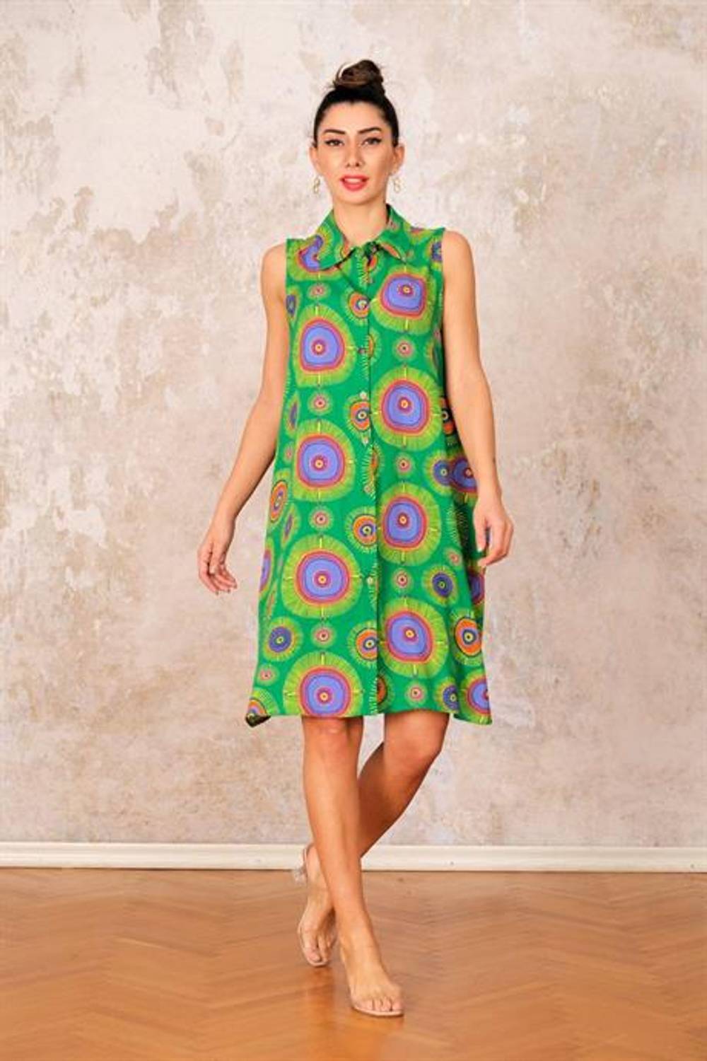 Markano Yeşil Etnik Desenli Kolsuz Kısa Gömlek Elbise