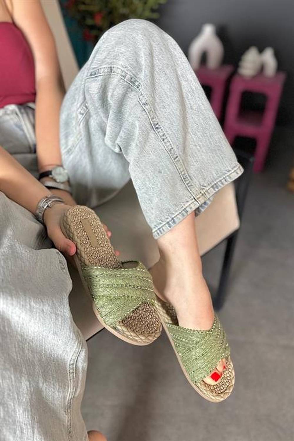 Markano Riri Yeşil Çapraz Taş Detaylı Hasır Kadın Terlik