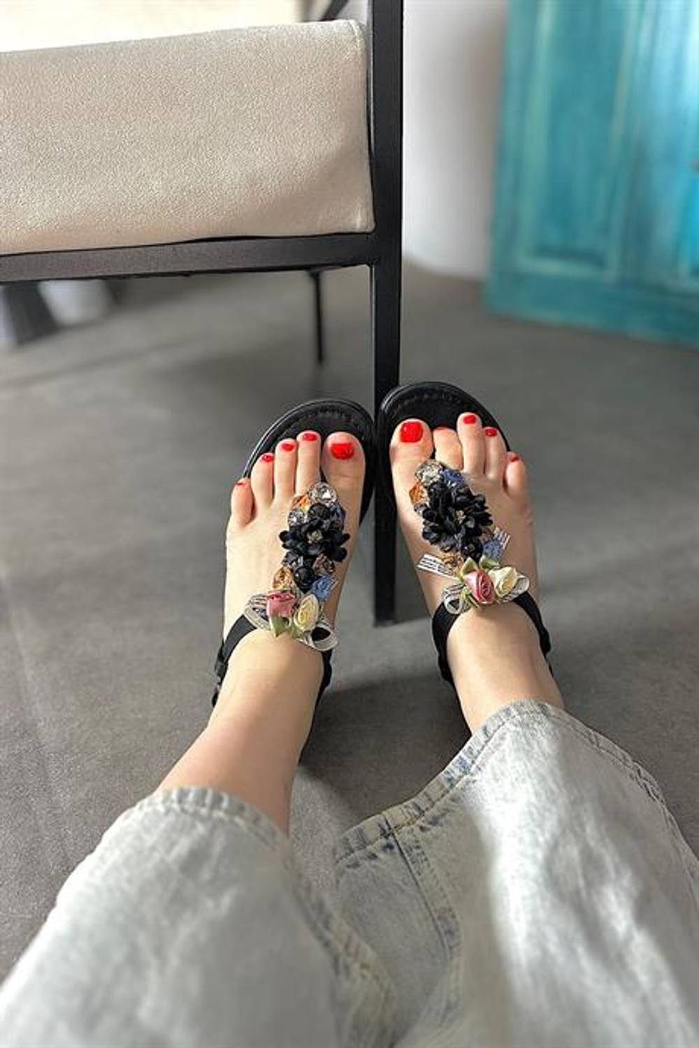 Markano Bethan Siyah Gül Detaylı Kadın Sandalet