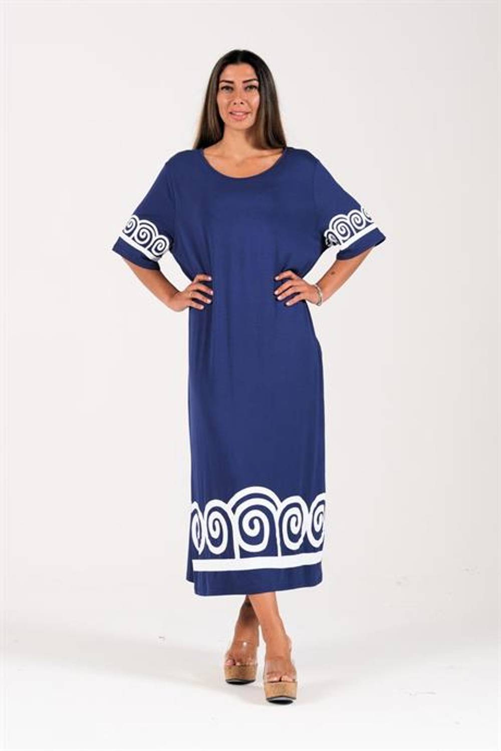 Markano Lacivert Desenli Kısa Kollu Cepli Uzun Elbise