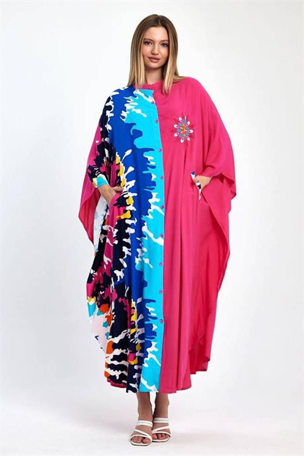 Markano Pembe Desen Garnili Göğsü Nakışlı Cepli Oversize Uzun Elbise