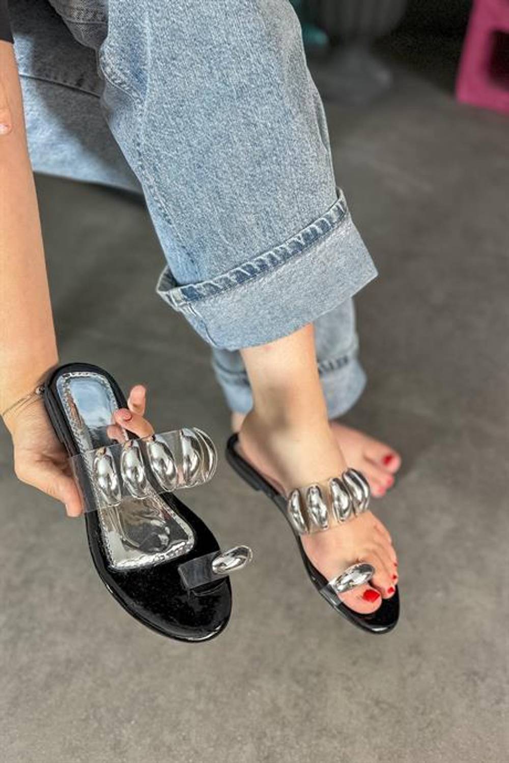 Markano Seny Platin Tek Taş Biye Toka Detaylı Kadın Terlik