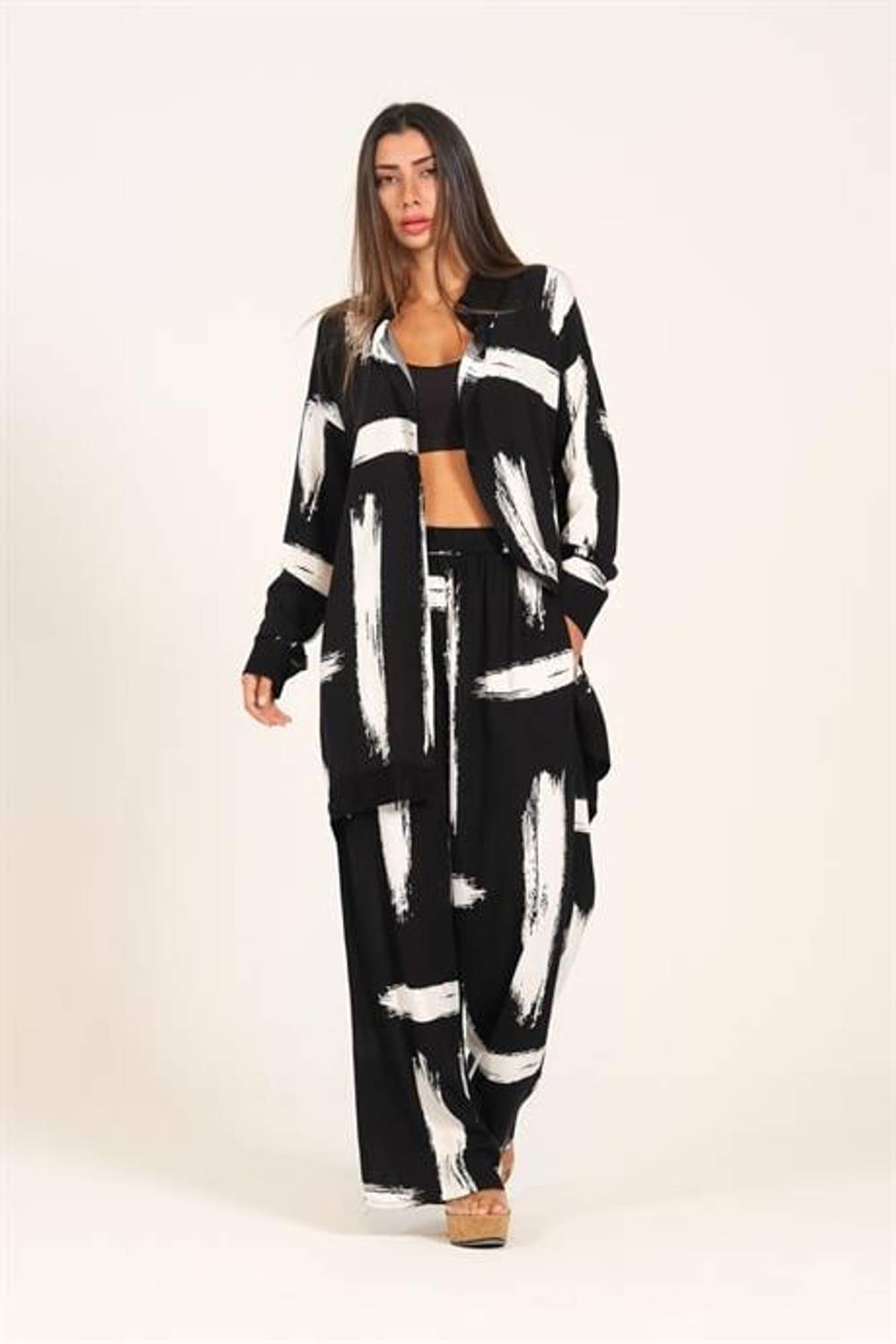 Markano Siyah Beyaz Desenli Kolu Apoletli Cepli Gömlek Pantolon Takım