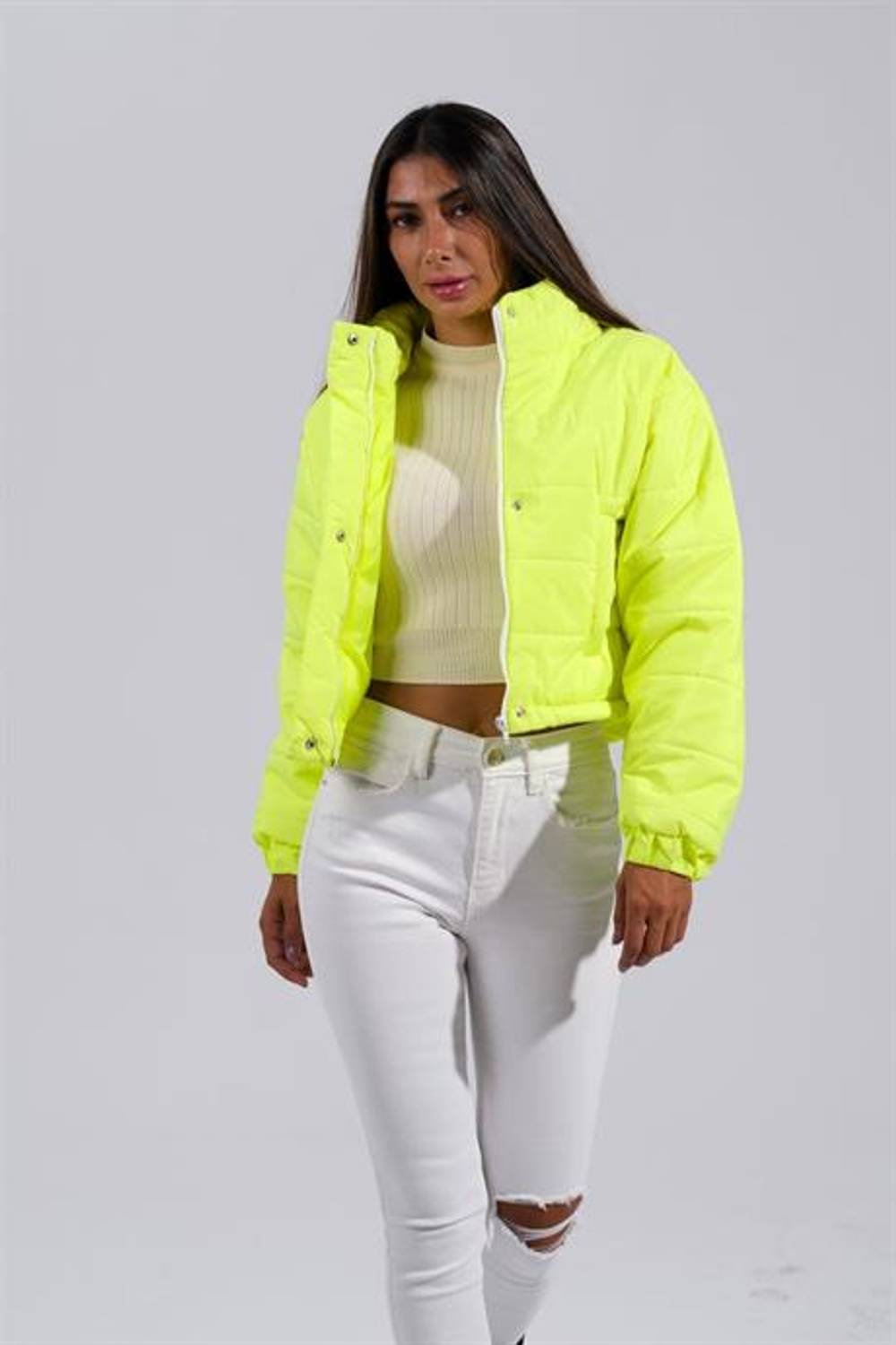 Markano Neon Yeşil Dik Yaka Çıtçıtlı Fermuarlı Kısa Şişme Mont