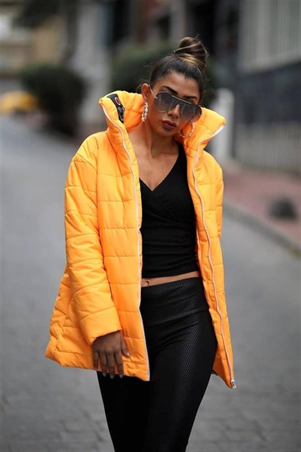 Markano Sarı Dik Yaka Uzun Şişme Mont