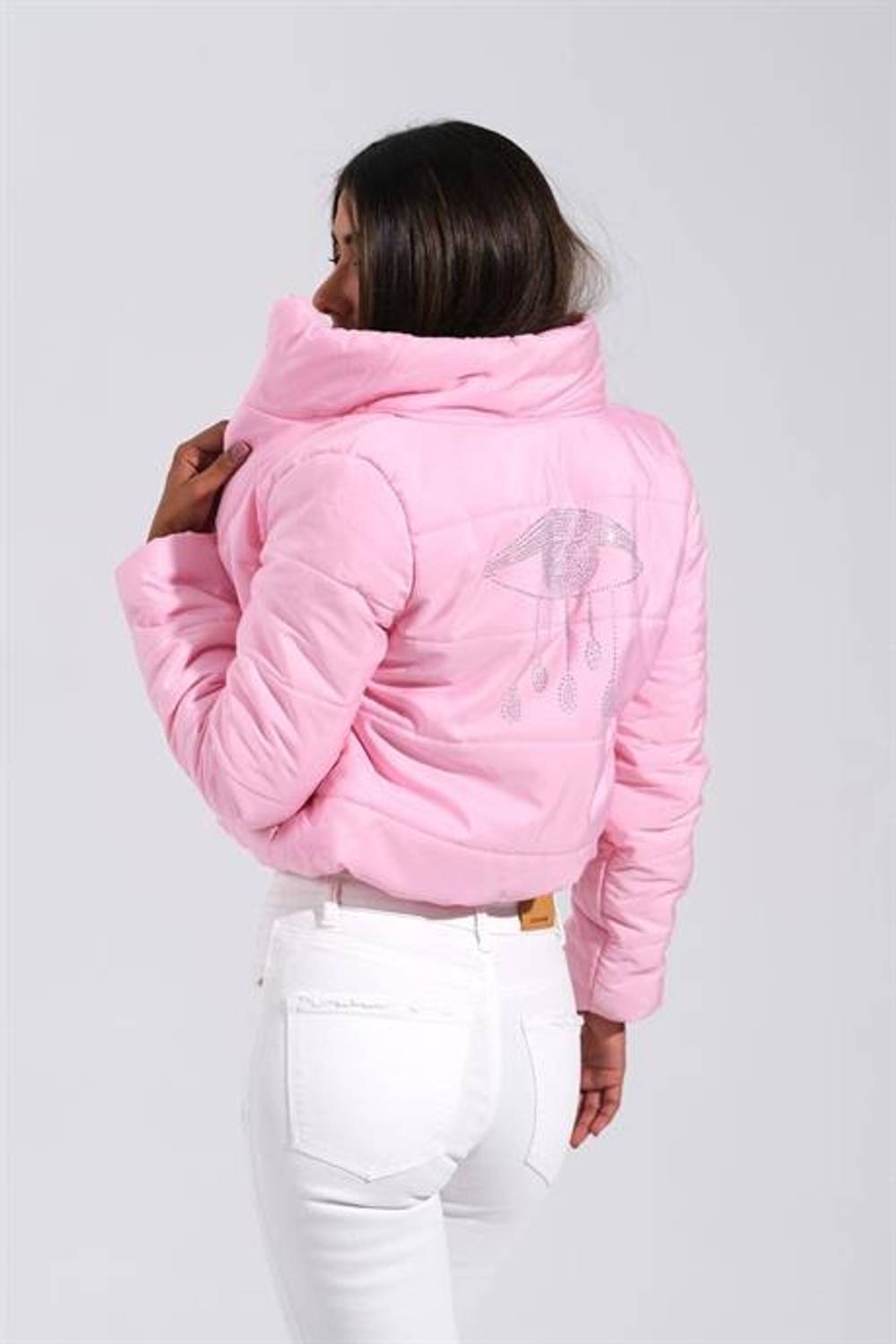 Markano Açık Pembe Sırtı Taş Baskılı Dik Yaka Kısa Şişme Mont