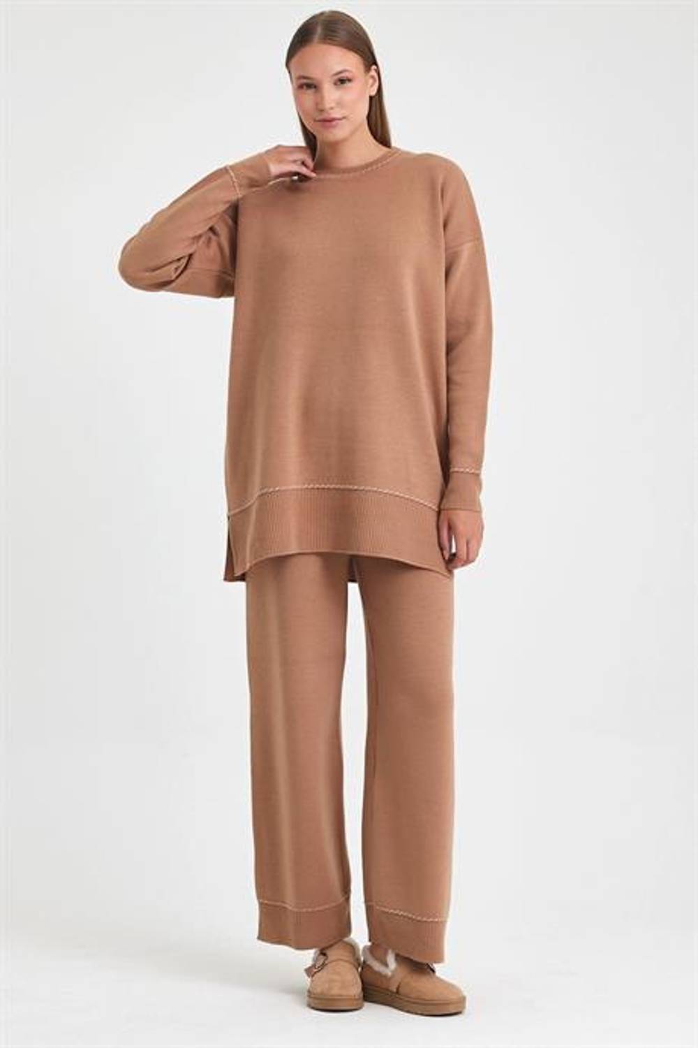 Markano Kahverengi Bisiklet Yaka Tunik Pantolon Triko Alt Üst Takım