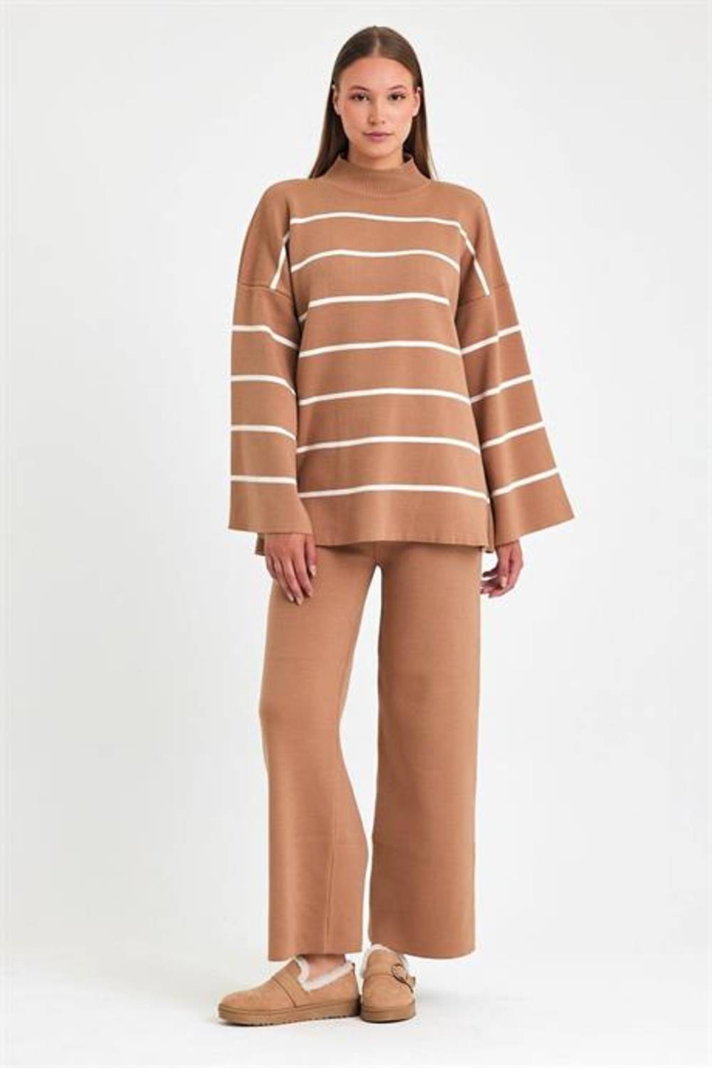 Markano Kahverengi İspanyol Kol Çizgili Tunik Pantolon Triko Alt Üst Takım