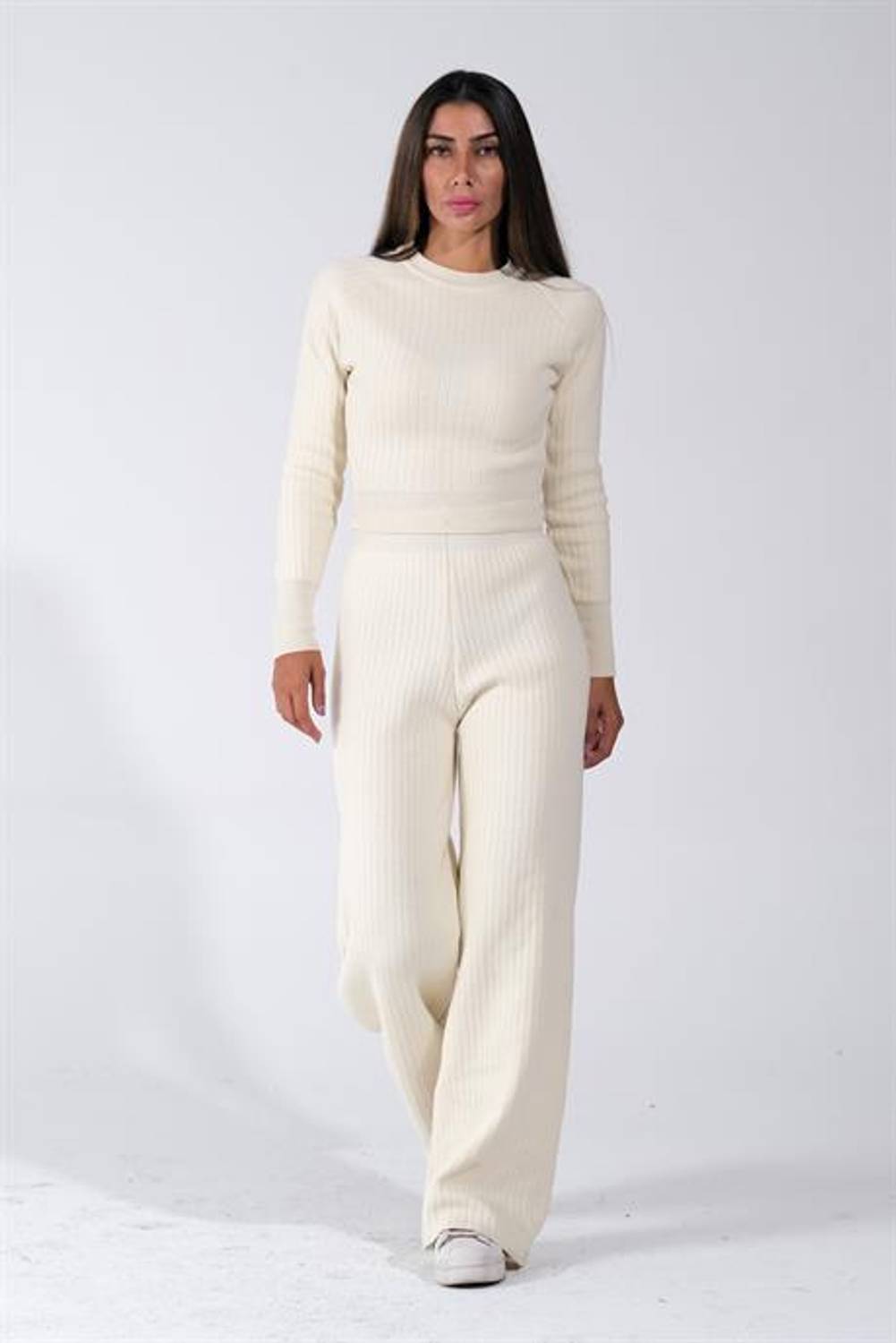 Markano Beyaz Bisiklet Yaka Tunik Pantolon İkili Triko Alt Üst Takım